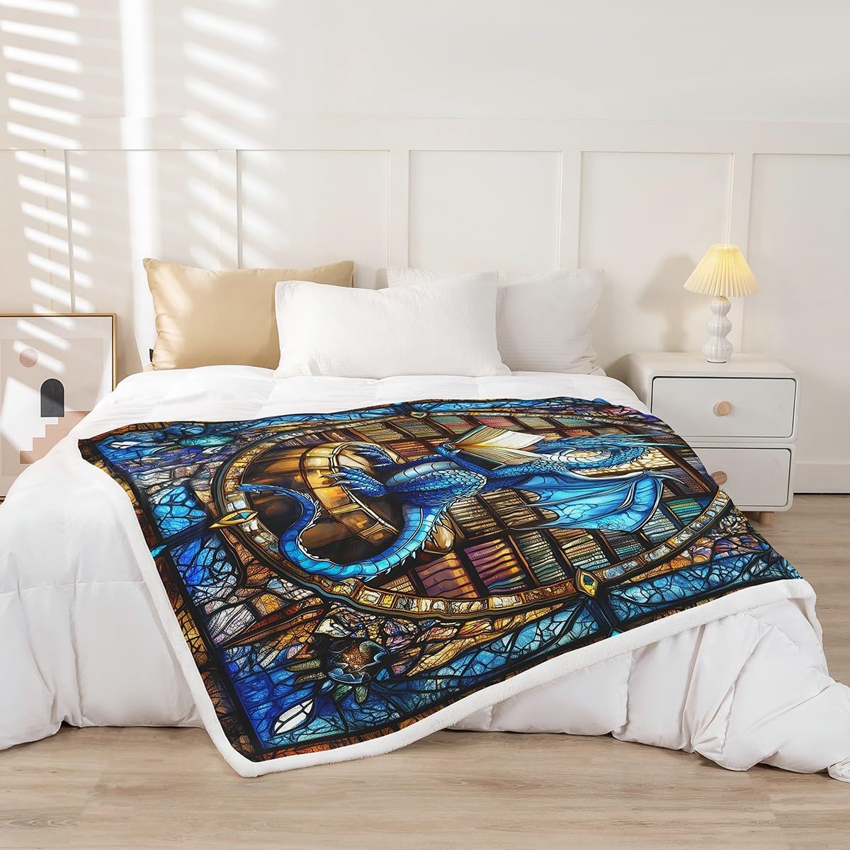 Manfei Western Dragon Kids Throw Blanket,Blue Dragon Reading Book Bookshelf Bed Blanket for Boys Girls,Geometric Patchwork Abstract Fleece Blanket,Trippy Chic Fuzzy Blanket,Twin Size (60 x 80 Inches)