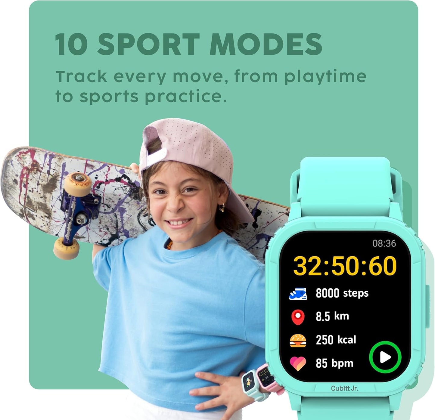 Cubitt Jr. Smartwatch Fitness Tracker for Kids and Teens with Games, Step Counter, Sleep Monitor, Heart Rate Monitor, Calculator, Activity Tracking, 1.75"AMOLED Touchscreen,Waterproof – Obsidian Black