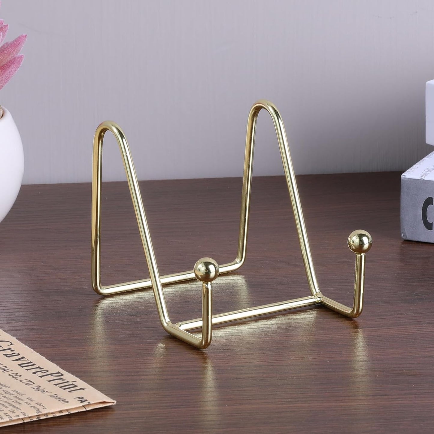 1 Pcs 3.5 Inch Plate Holder Easel Display Stand Table Top Display Metal Frame Holders Decorative Plate for Book Picture Photo and Platter (Gold)