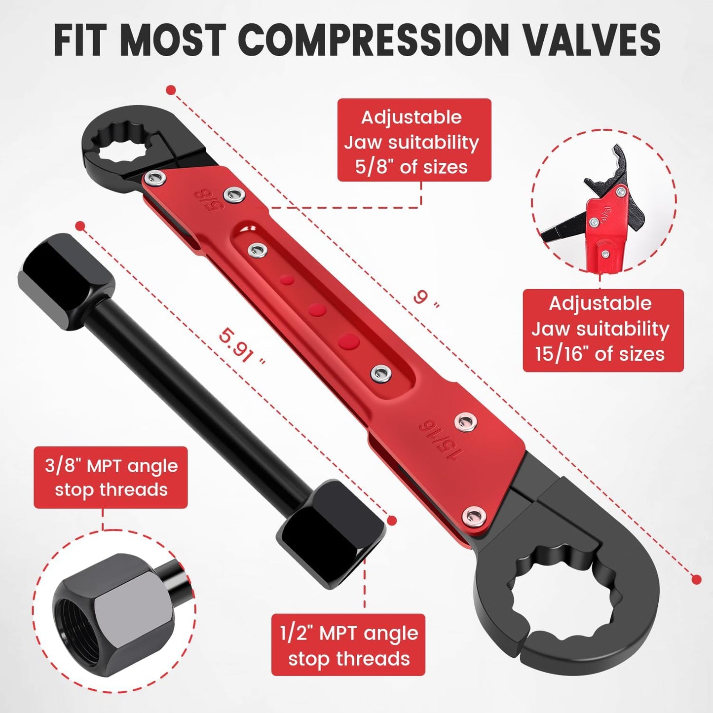 6 Pcs Plumbing Tools Kit with Angle Stop Wrench & 1/2-Inch Compression Sleeve Puller, Professional Plumbers Wrench, Sandpaper and Storage Bag for Frozen/Corroded Angle Stop