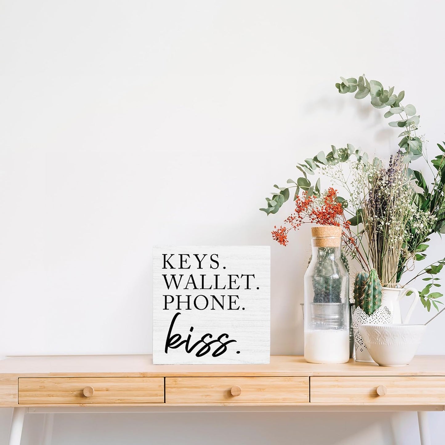 OFlich Wooden Entryway Table Decor - Box Sign, Keys Wallet Phone Holder, 6x6 Inches