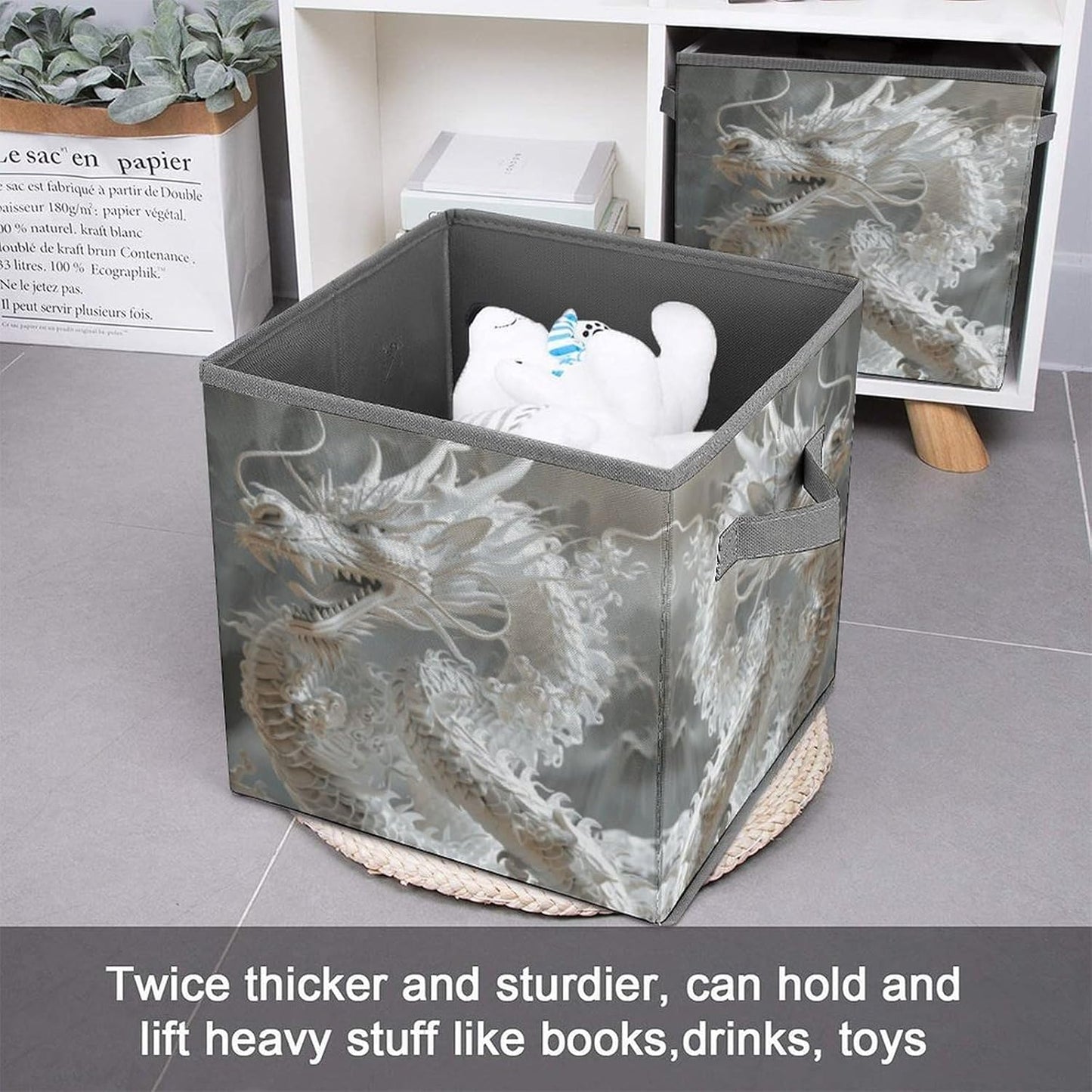White Dragon Style Storage Bins with Handles Fashion Large Storage Cubes Sturdy Foldable Storage Boxes Space-Saving Storage Baskets for Home Office Clothes Closet Organizers