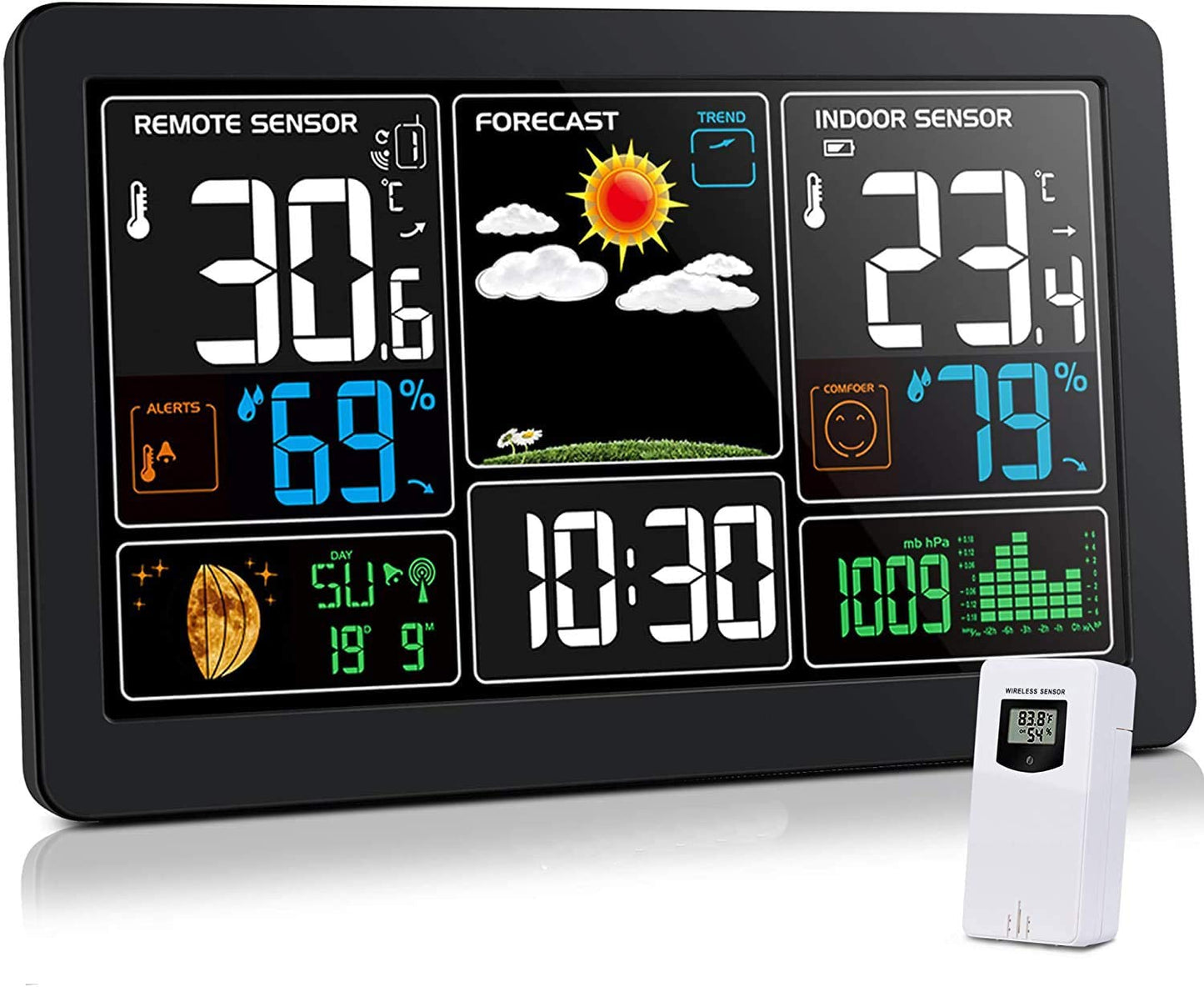Kalawen Home Weather Stations Wireless Indoor Outdoor Thermometer, Portable Digital Weather Clock Atomic, Bluetooth Color Forecast Station Estacion Meteorologica Weather Monitor with Alarm