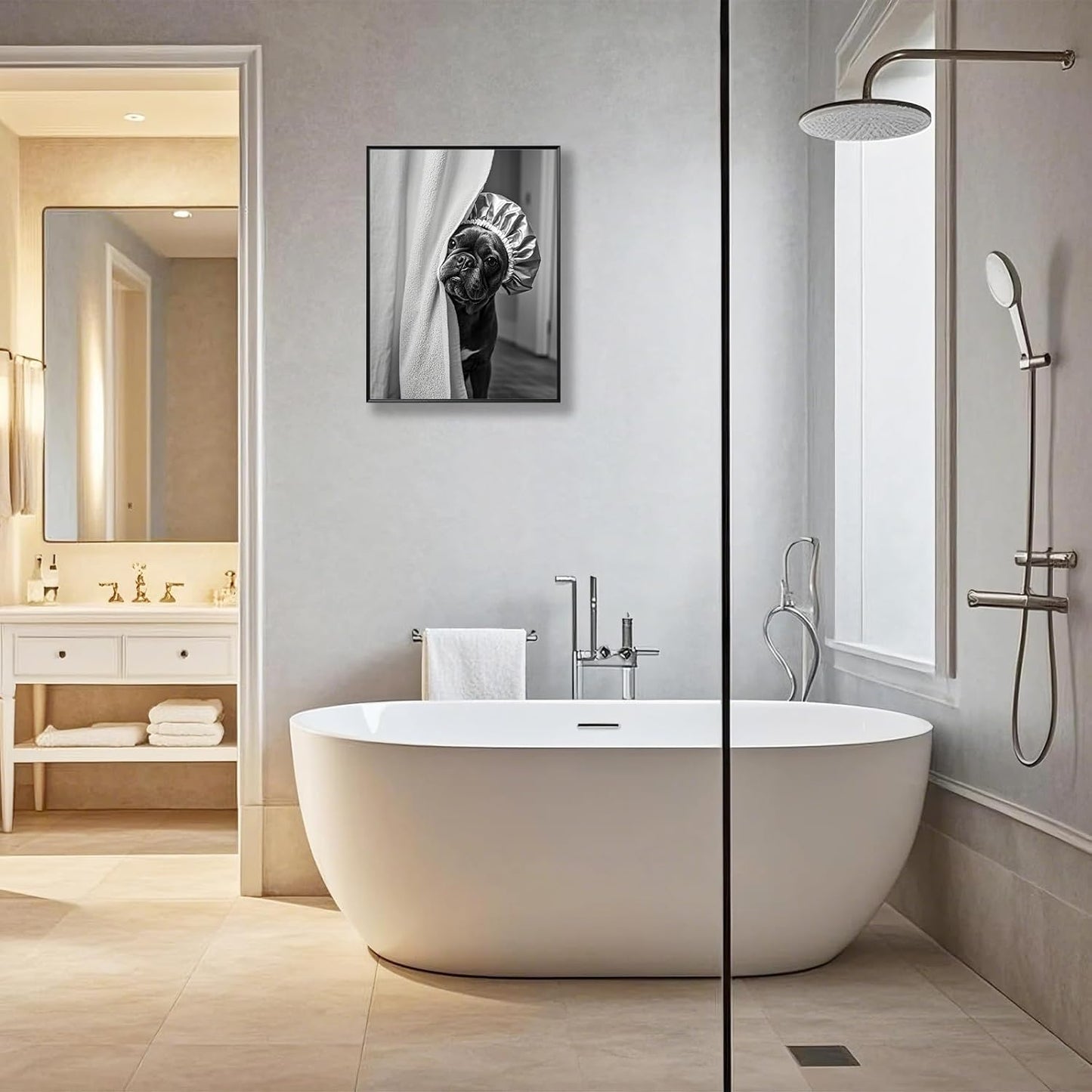 3Pcs Black and White Bathroom Wall Art French Bulldog Reading Newspaper Dog on Toilet Canvas Wall Decor Bathroom Pictures Prints Posters Artwork Toilet Restroom Wall Decorations 12x16 Inch Unframed