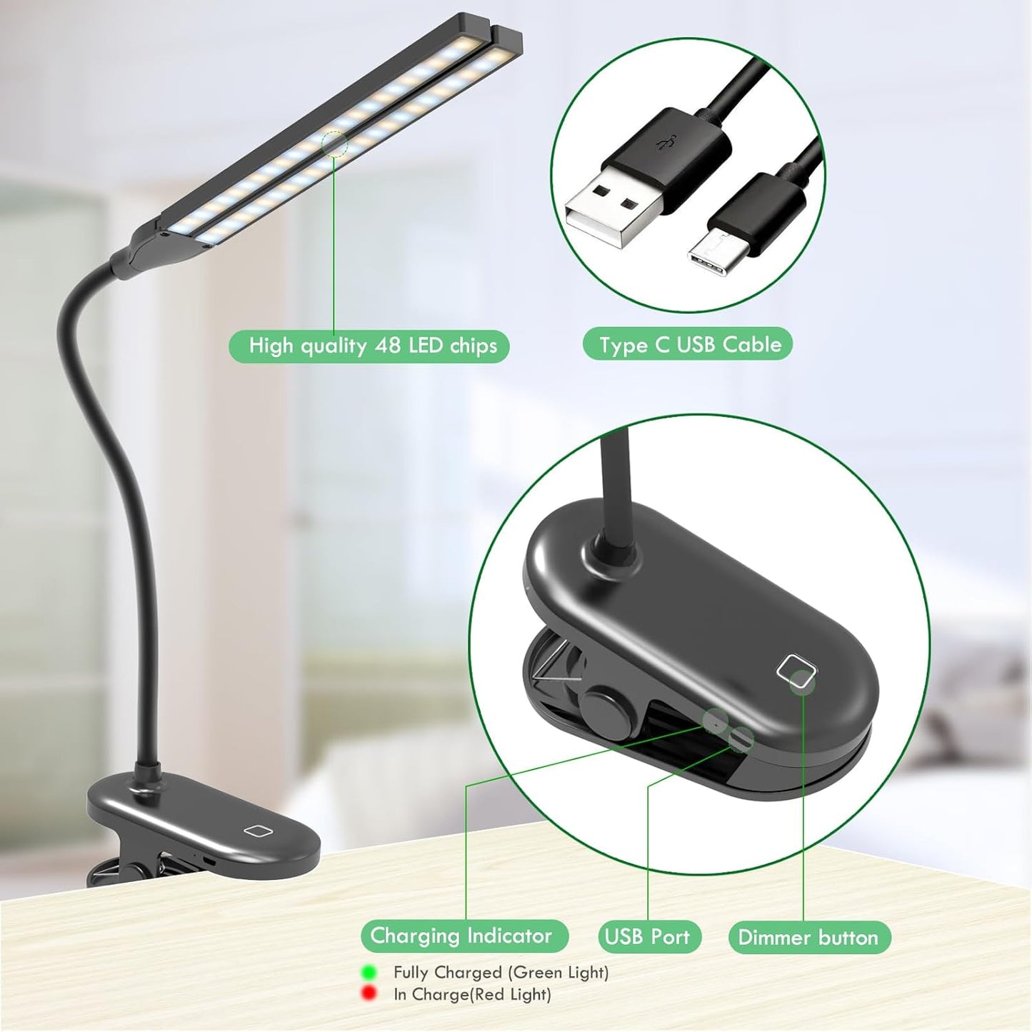 deaunbr LED Reading Light with Clip, Desk Lamp 48 LEDs 2600mAh Battery USB Rechargeable Book Lights Stepless Adjustable Brightness Eye Protection Table Lamps for Bed Headboard, Home, Office - Black