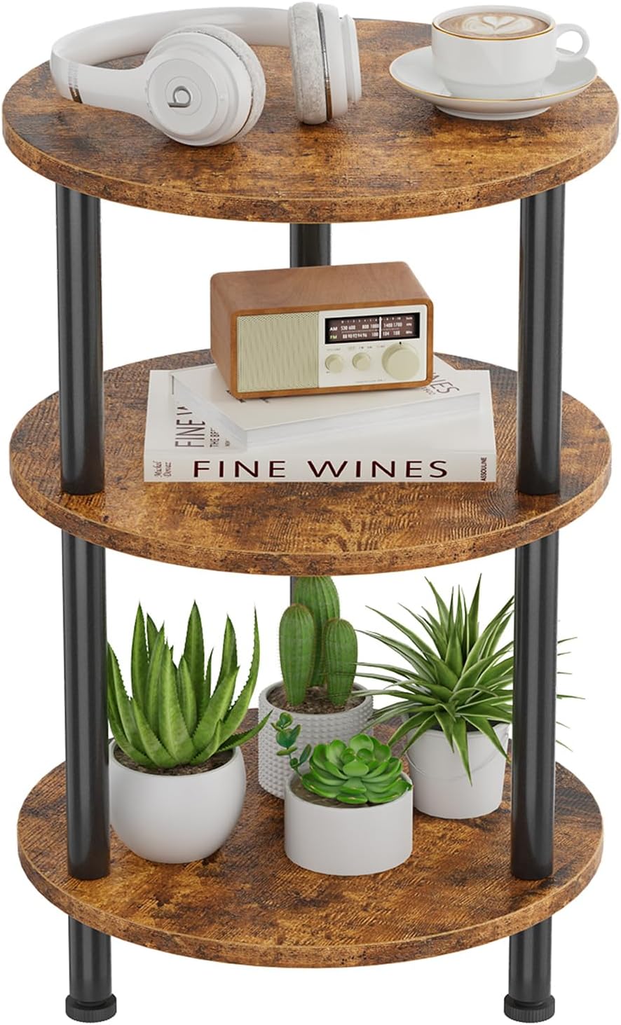 Simple Trending End Table Living Room, Small Round Side Table, 3 Tiers Accent Table for Small Spaces, Rustic Brown