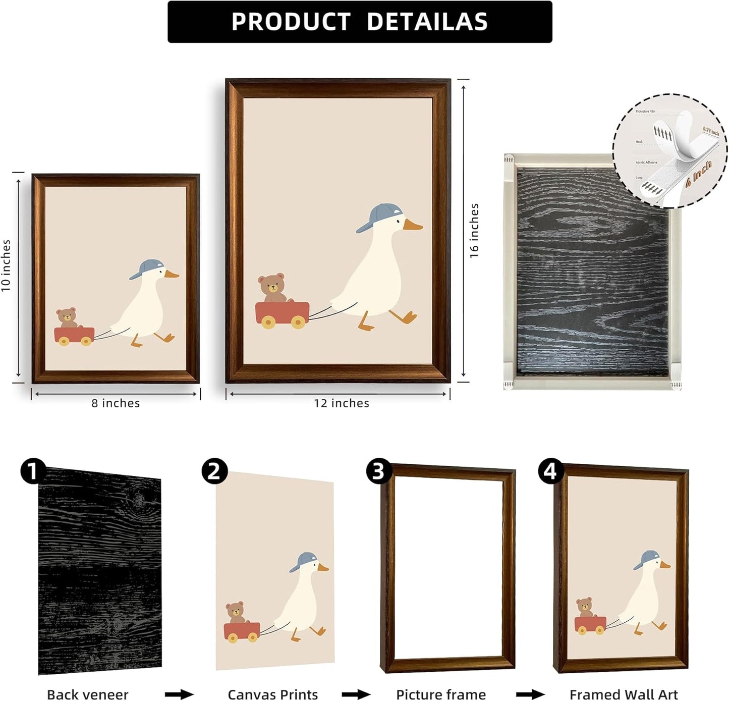 Framed Cute Goose Wall Art Funny Goose Pulling Toy Duck Canvas Print Minimal Nursery Animal Wall Decor for Kids Room Playroom Ready to Hang 8inx10in