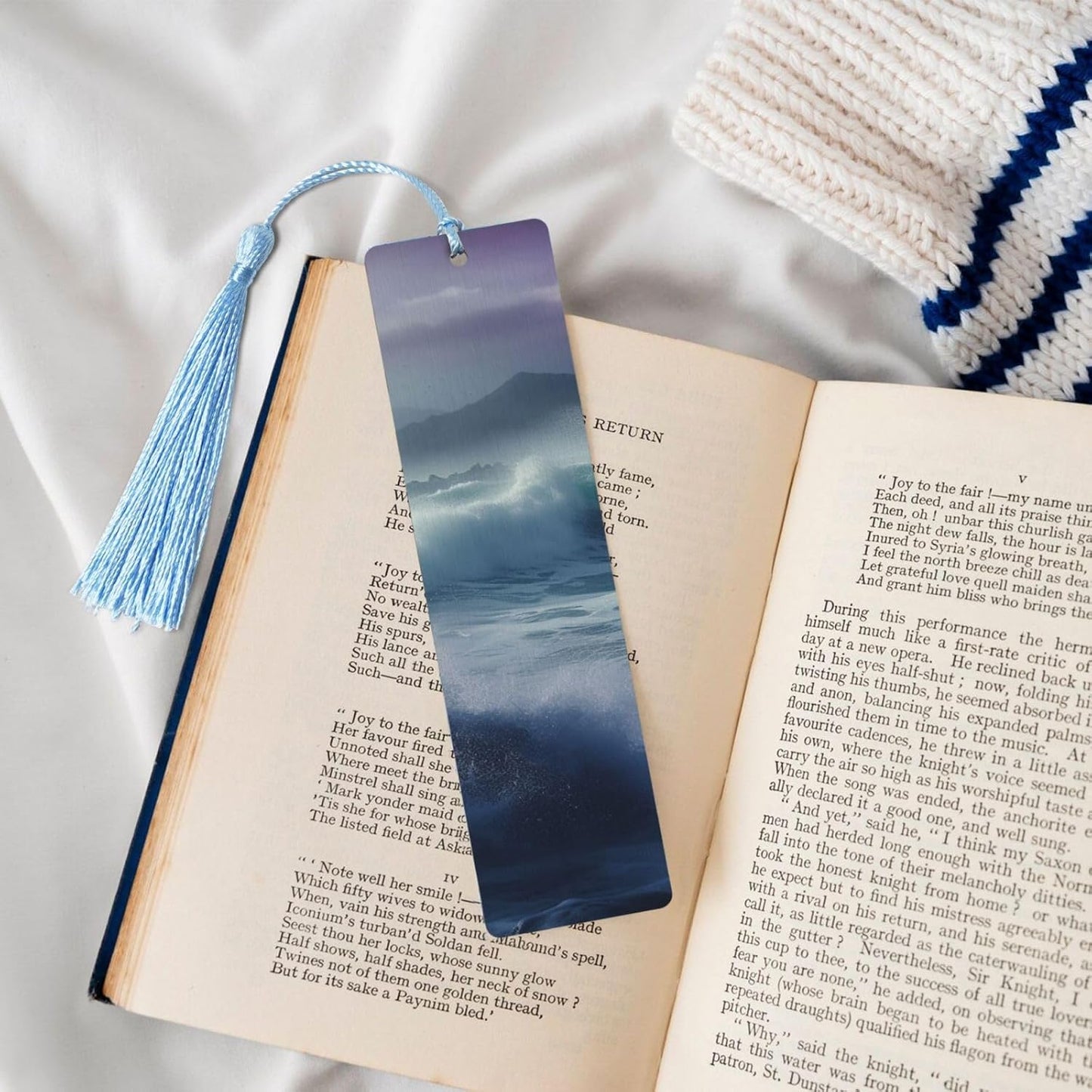 Ocean Waves Bookmarks Gifts for Women Men, Wooden Bookmarks for Book Lovers, Vintage Book Marks Ornaments with Tassel, Unique Personalized Reading Page Markers Sky Blue