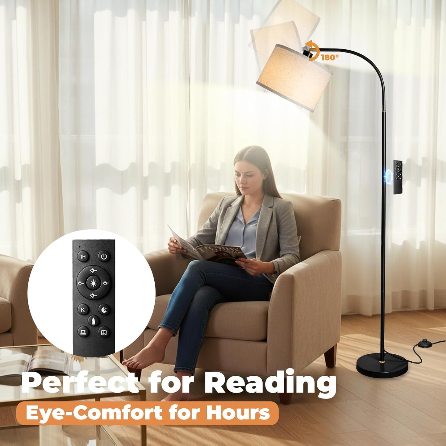 Arc Floor Lamps for Living Room, Modern Standing Lamp with Remote Dimmable Floor Lamp with Linen Shade, Tall Lamp for Bedroom Office Dining Room (Black)