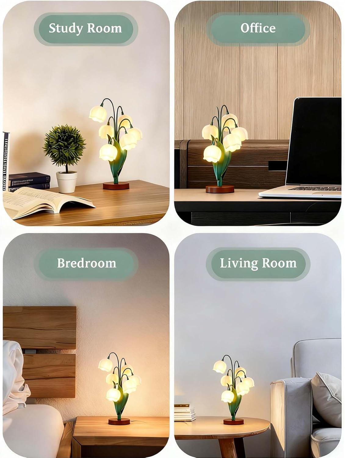 Vintage Lily of The Valley Table Lamp, 5 Flowers Artistic Sculpture & Soft Eye-Caring Light, Nordic Cottagecore Bedside Lamp for Reading, Wood Base, Sweet Gift for Home Office Bedroom Decor
