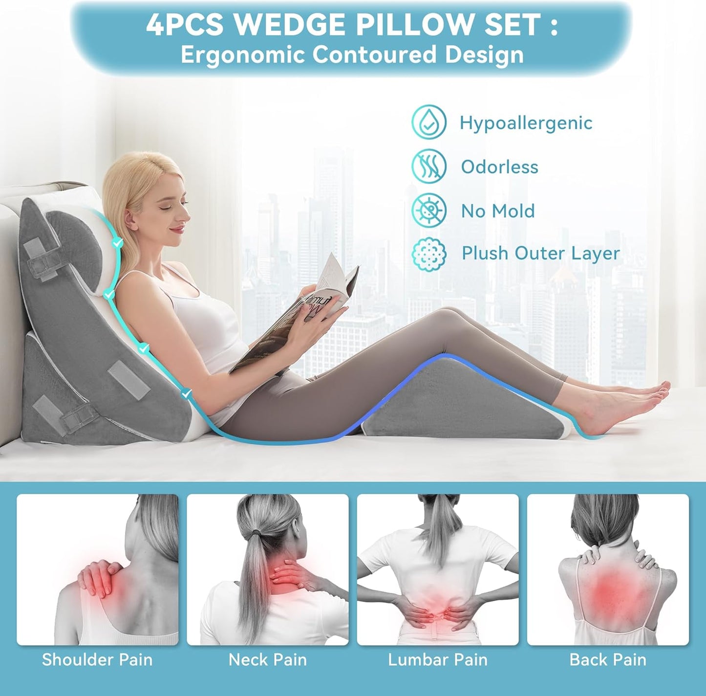 Kingfun 4PCS Orthopedic Bed Wedge Pillow Set for Sleeping, Post Surgery Memory Foam Support Pillows for Back, Neck and Leg Pain Relief, Adjustable Triangle Pillow - Acid Reflux, Anti Snoring & GERD