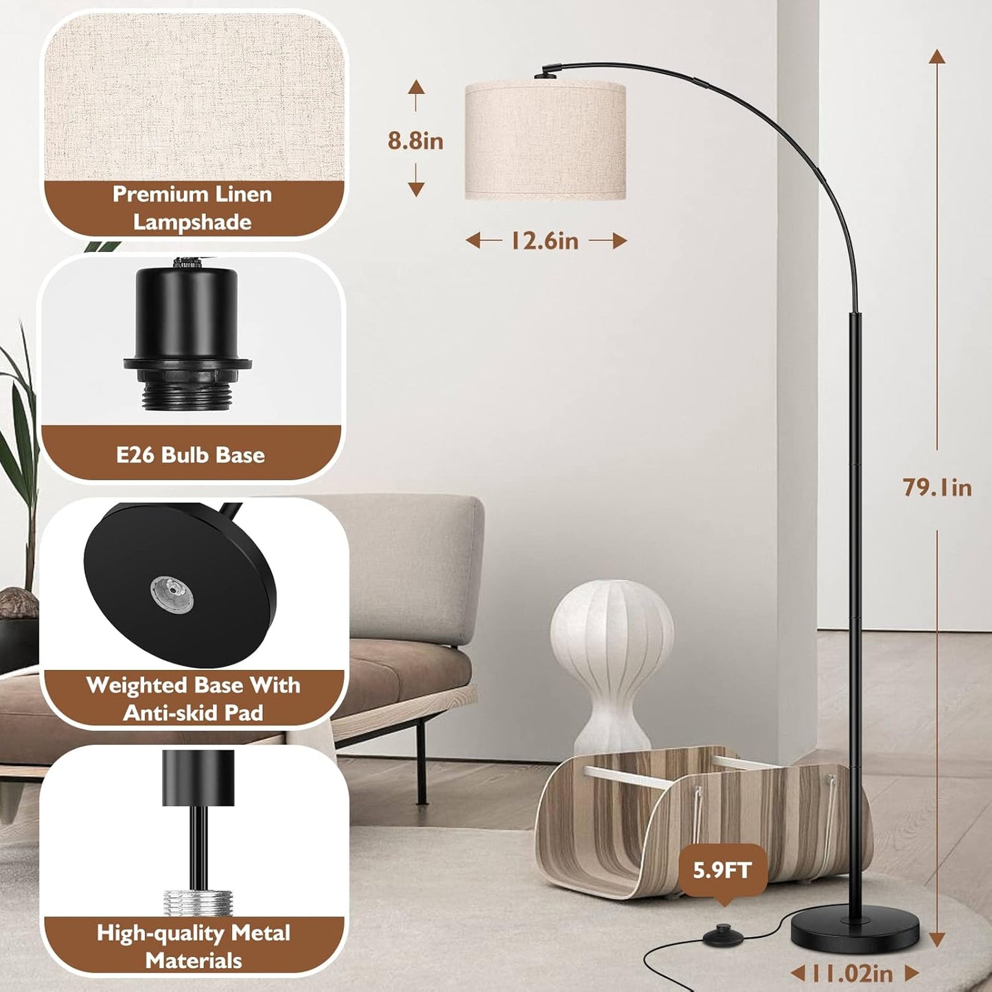 79'' Arc Floor Lamps for Living Room, Modern Standing Lamp with Adjustable Hanging Drum Shade, Black Tall Pole Lamp with Weighted Base & Edison E26 Socket, Corner Light for Reading Bedroom Office