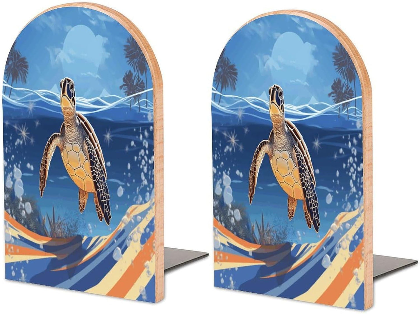 Ocean Turtle on The Beach Bookend for Shelves Wooden Book End Large Size Sturdy Book Holders Stoppers with Metal Base for Bookshelves Slick Decorative Bookends Stands