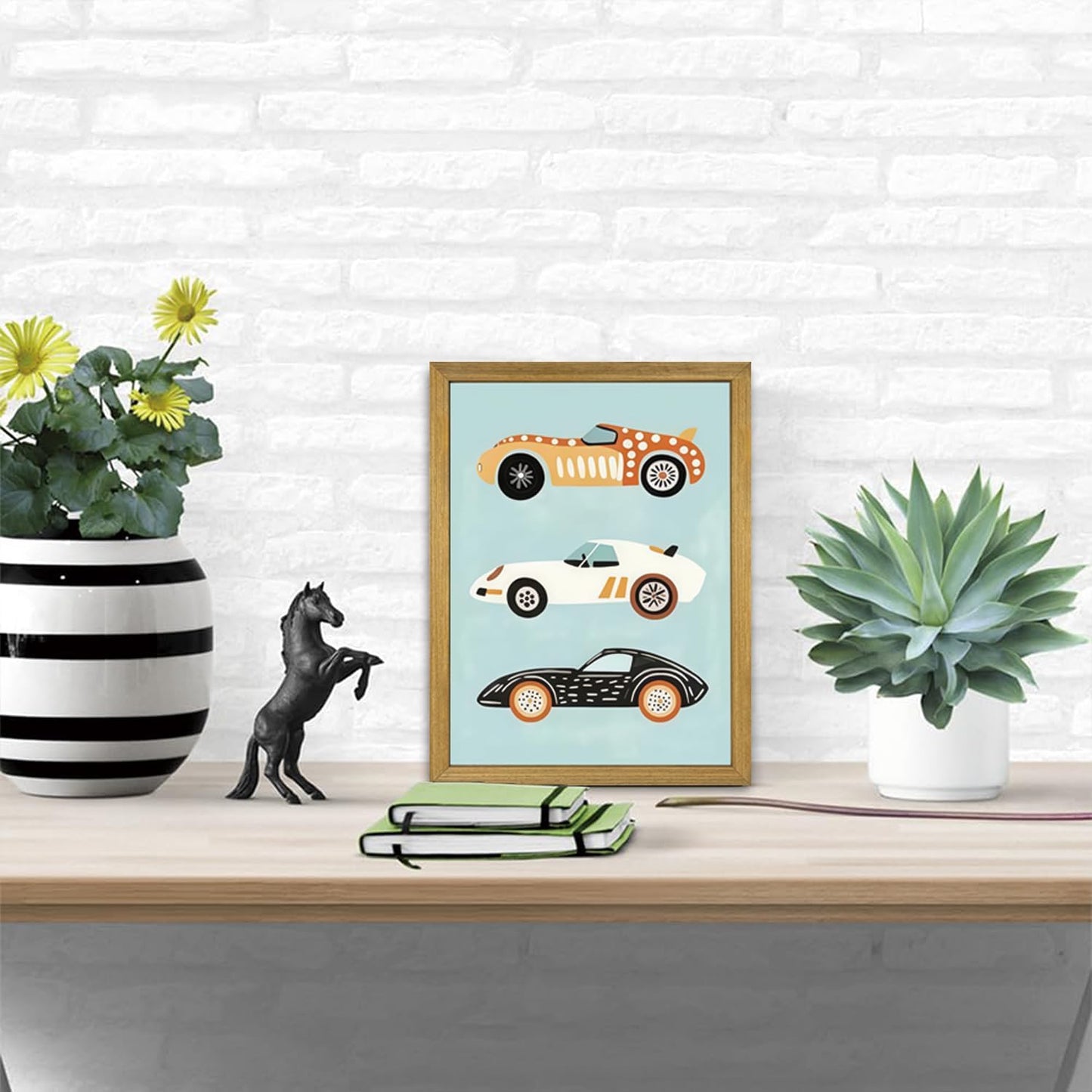 Wood Framed Car Wall Art, Vintage Race Car Canvas Print Poster, Baby Boy Nursery Wall Decor, Cute Car Themed Room Decoration, for Boys Kids Room Artwork 8x10 Inch