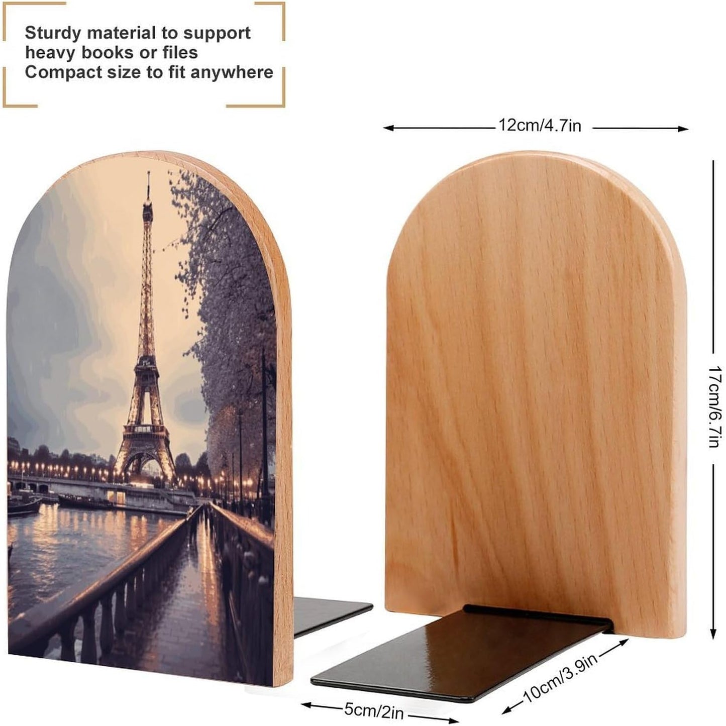 Eiffel Tower Winter Rainy Bookend for Shelves Wooden Book End Large Size Sturdy Book Holders Stoppers with Metal Base for Bookshelves Slick Decorative Bookends Stands