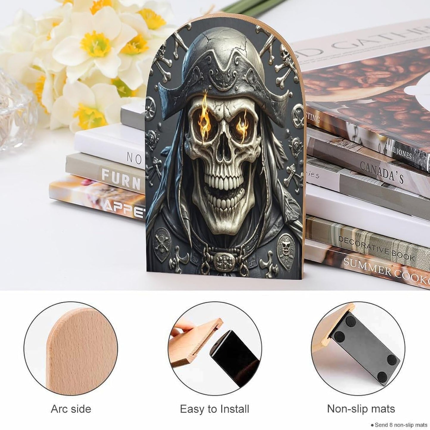 Pirate Skull Bookends 1 Pair Heavy Duty Book Ends for Shelves Non-Skid Bookend Supports Wooden Book Holders with Metal Base Desk Organizers Books Storage to Hold Books