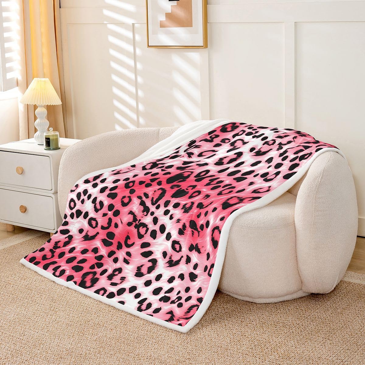 Feelyou Pink Leopard Sherpa Throw Blanket for Couch Animal Print Super Soft Cozy Fleece Cheetah Blanket for Winter, Plush Throw Modern Ombre Effects Throw 50"x60" Safari All Season