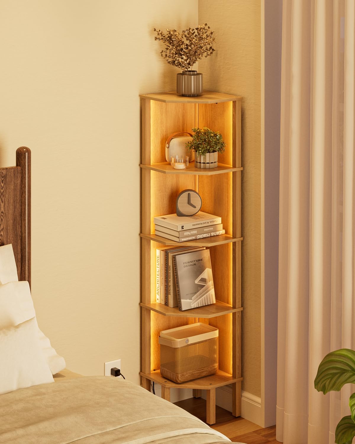 Corner Shelf Stand, 5 Tier Corner Bookshelf with Light,Corner Furniture for Bedroom Display Corner Shelf for Small Space,Wood Shelves with Storage Rack for Living Room,Office,Oak