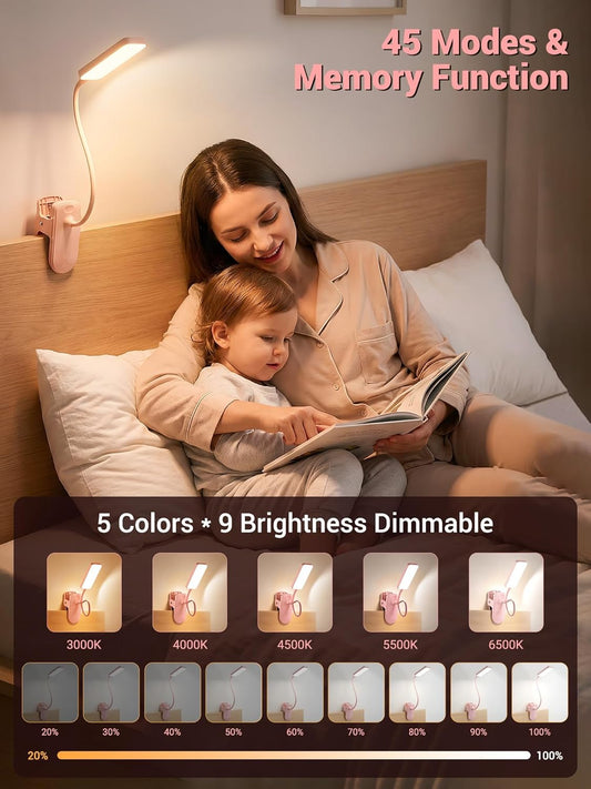 Pink Desk Lamp with Clamp Light,9 Brightness+5 Color Clip on Light,4000mAh Battery Rechargeable Desk Lamp Cute,48 LED Desk Light,Cordless Small Clip on Reading Light for Bed/Headboard/Bedside Table