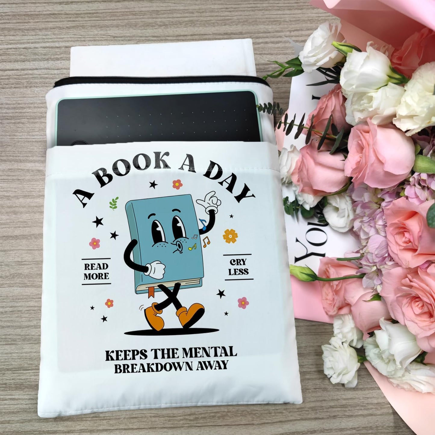 Inspirational Quote Book Sleeve, Book Covers for Paperbacks, Book Sleeve with Zipper, Book Lover Gifts, Bookish Gift Book Pouch for Women 11.4 x 9.05 Inch (Book A Day)
