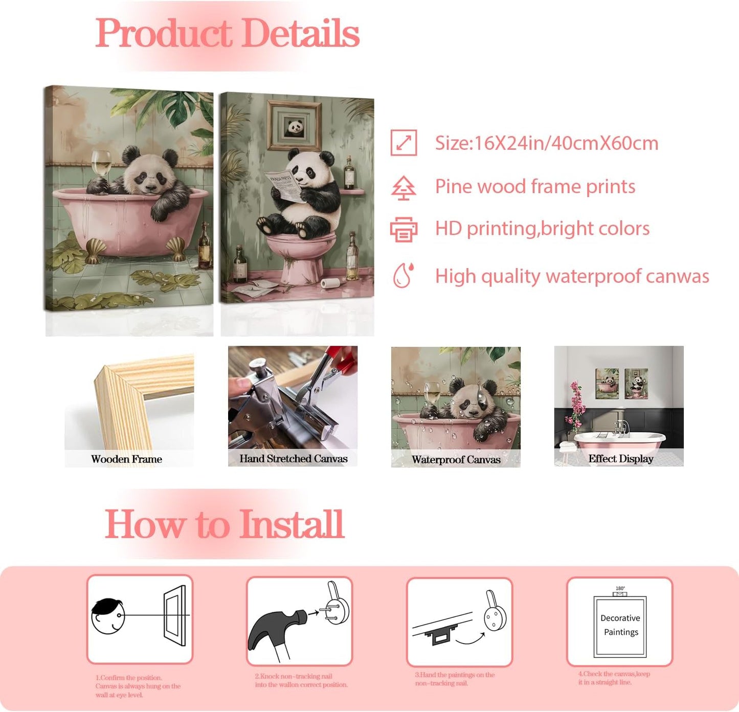 Funny Bathroom Wall Art Set of 2, Panda on Toilet and in Bathtub Wall Decor Paintings, Cute Animal Canvas Prints Pictures Aesthetics Home Decor for Bathroom Restroom 16x24 Inch Framed