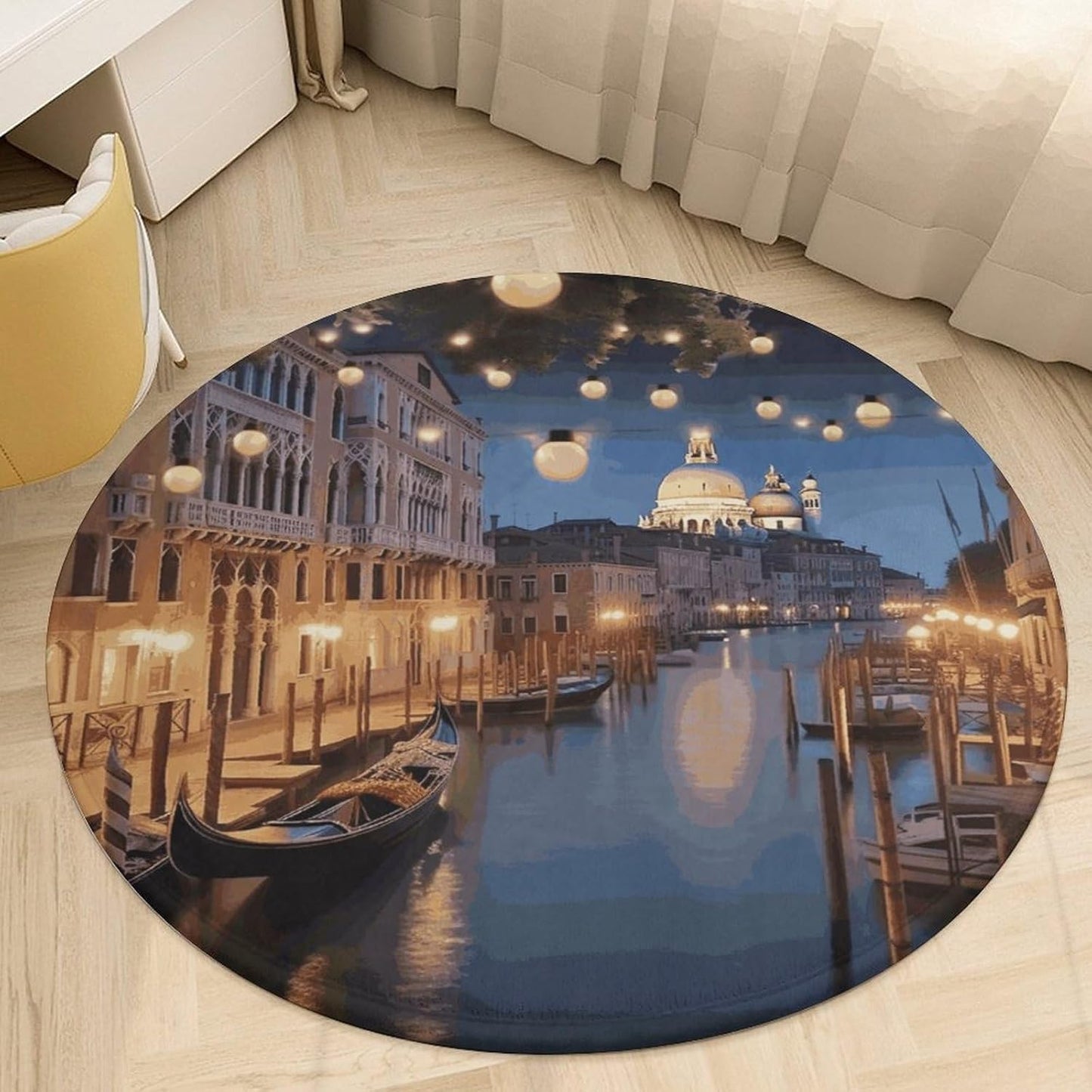 Beautiful Venice at Night Circle Rug Retro Luxury Coral Velvet Floor Mat Non Slip Soft Indoor Floor Carpet Comfy Thickened Area Rugs Modern Aesthetic Minimalist Carpets for Home Decor