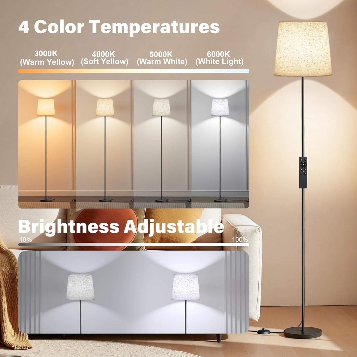 Floor Lamp with Linen Shade - 62" Dimmable LED Standing Lamp with Remote Control, 9W E26 Bulb Included, 3000-6000K, Modern Floor Reading Light for Bedroom Living Room Office Corner, Black