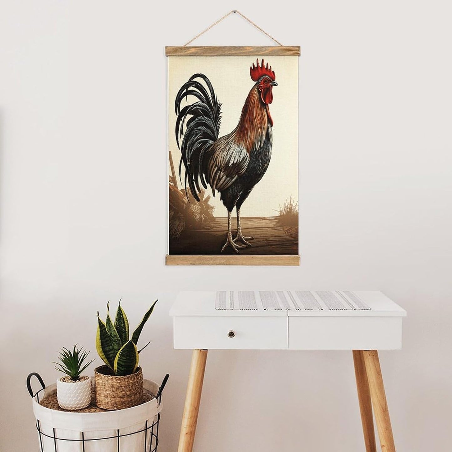 Vintage Rooster Poster with Wooden Frame Personalized Linen Hanging Scroll Painting Rustic Wall Hanging Illustrative Modern Artwork Decor for Home Living Room Bedroom Office