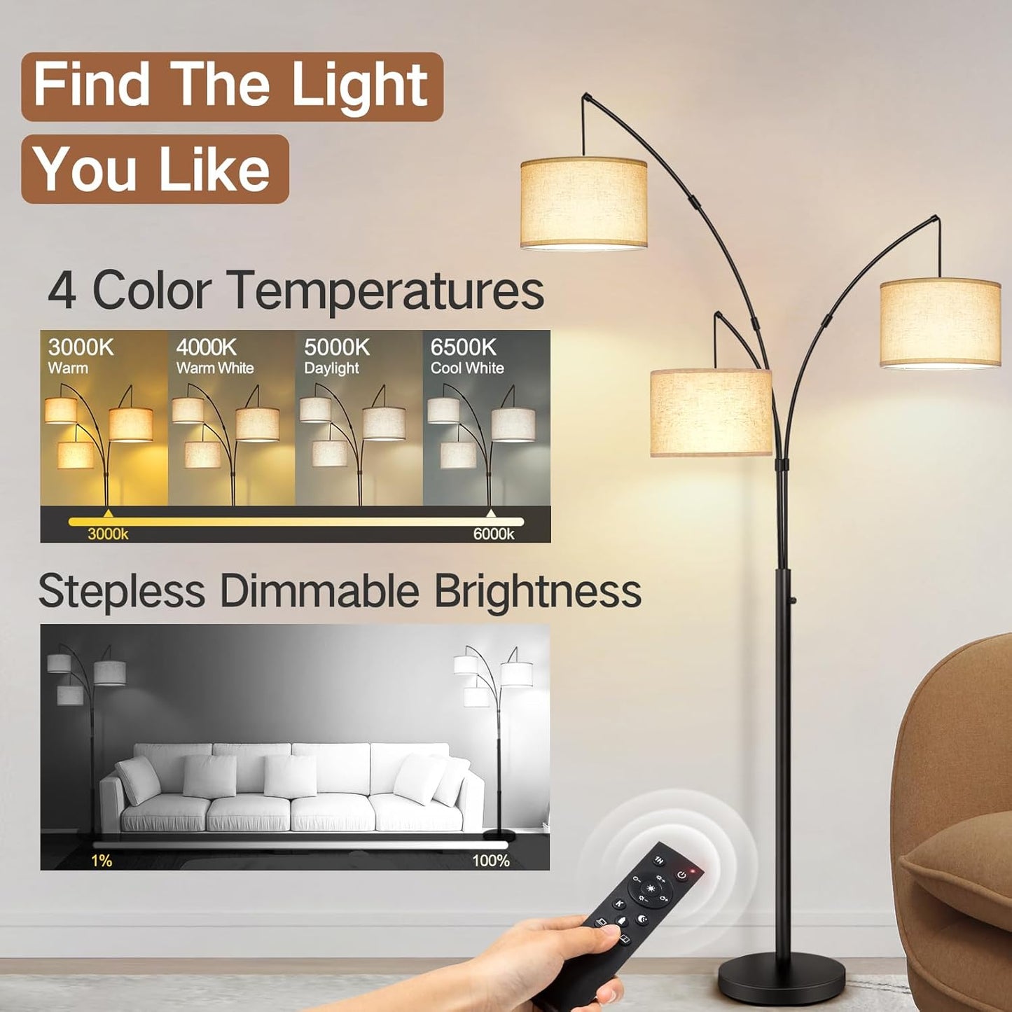 OUTON Arc LED Floor Lamp with Remote Control, Dimmable Modern Black 3 Light Arched Tall Floor Lamp, Mid Century Adjustable Standing Corner Lamps for Bedroom, Office, Living Room, Beige Lampshade