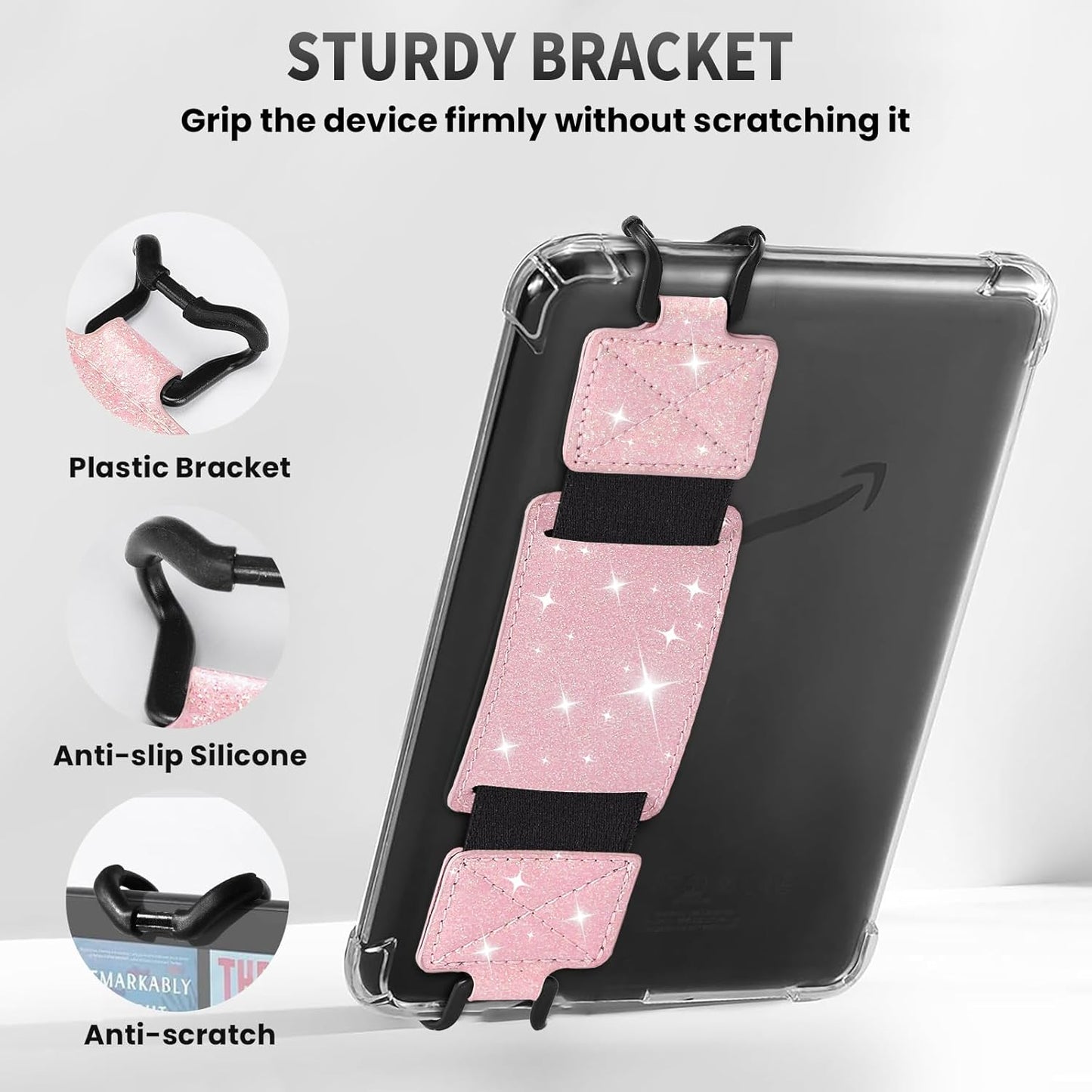MoKo 2 Pack Security Hand Strap for 6-8" Kindle eReaders Fire Tablet-Kindle/Kobo/Voyaga/Lenovo/Sony E-Book Tablet,High-Elasticity Versatile Hand Strap Lightweight Finger Grip Holder, Shiny Pink White