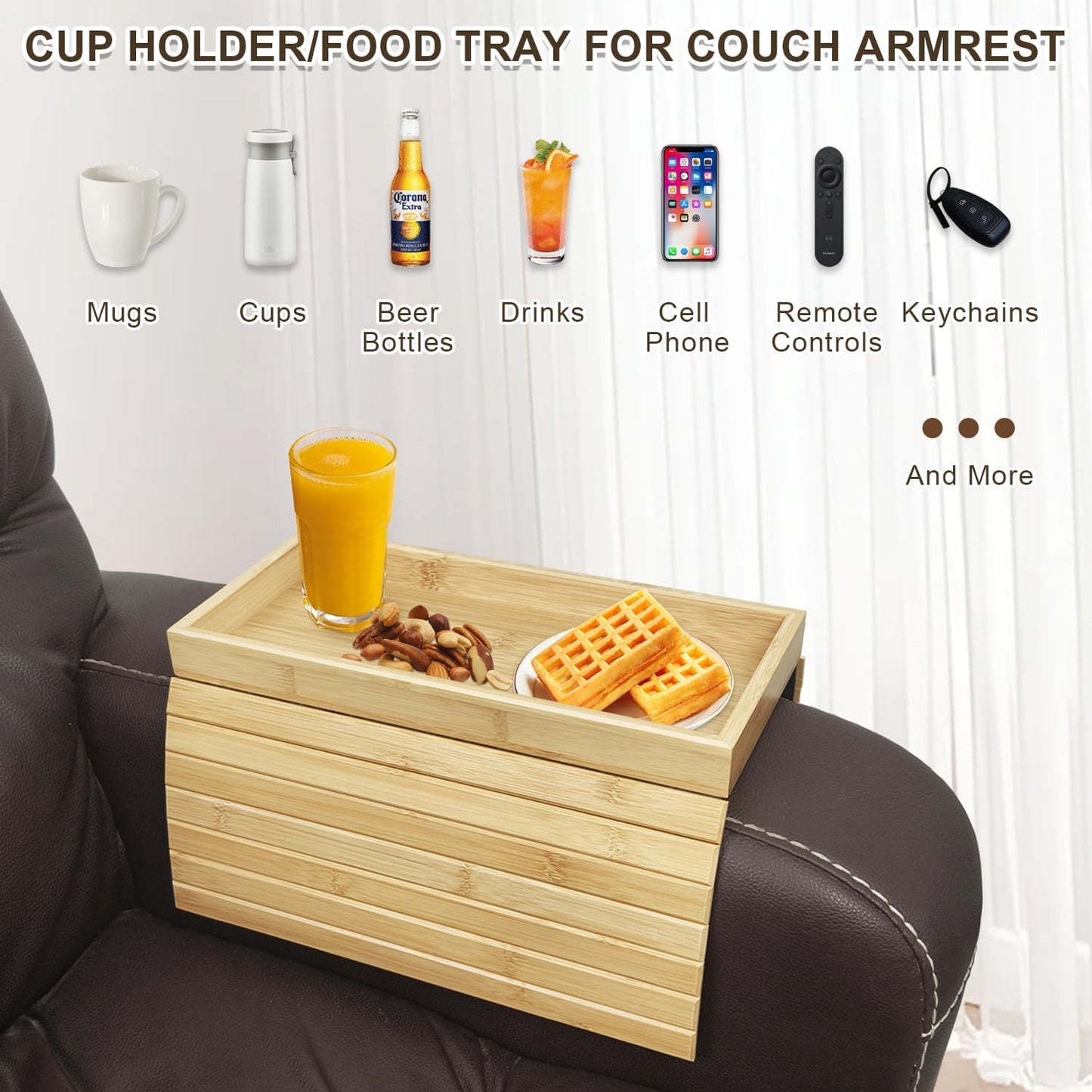 Bamboo Foldable Sofa Armrest Tray - Anti-Dropping Couch Arm Table for Phone, Cups, Snacks, Drinks - Flexible and Foldable - Gift for Housewarming, Birthday