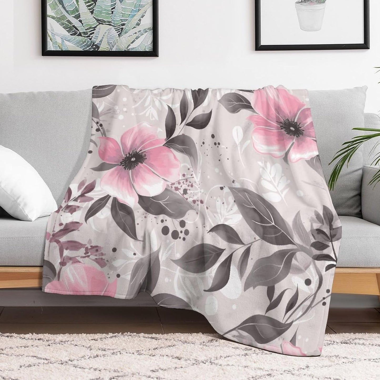 Pink Flowers And Leaves on Gray Blanket Super Soft Lightweight Throw Blanket Cute Cozy Warm Bed Blanket Decorative Fuzzy Blanket All-Season Home Decor Gift for Sofa Couch Living Room 50"*60"（130*150cm