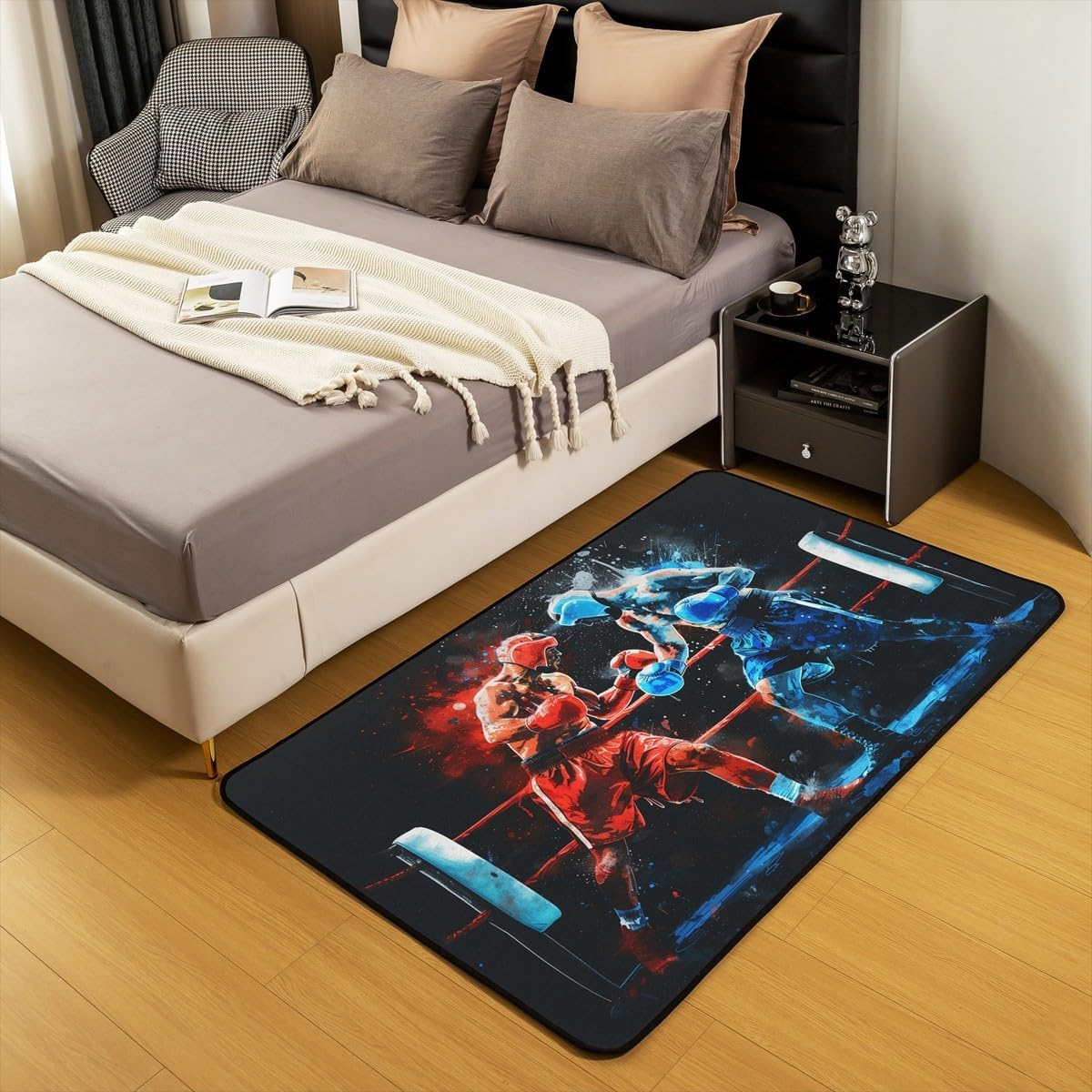 Erosebridal Boxing Area Rug 4'11" x 3'3" Sports Game Living Room Rugs for Kids Boys Men Pugilism Games Ice Flame Gloves Inspirational Red Blue Decorative Carpet Non Slip Indoor Floor Mat