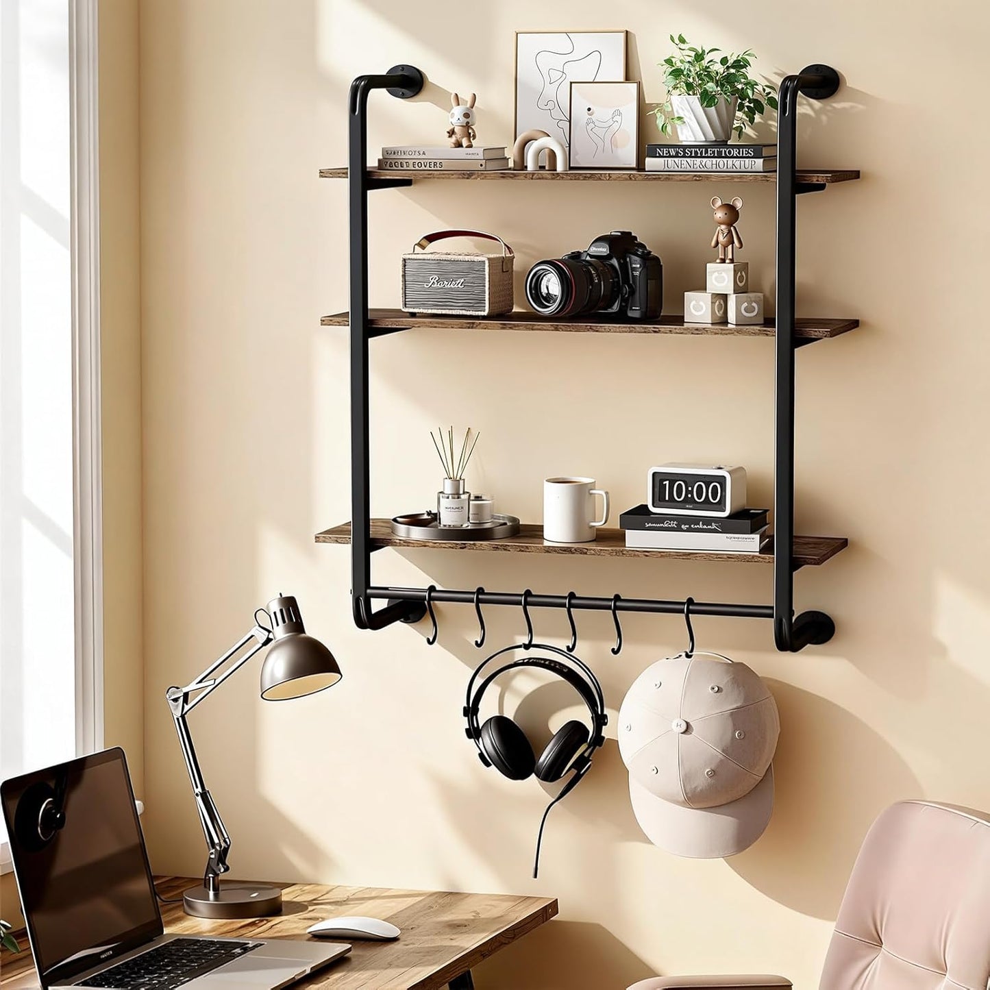 3 Tier Industrial Pipe Shelving, 24" Kitchen Shelves Wall Mounted with 6 Hooks, Coffee Bar Shelves Display Bookshelf Wall Shelf for Bedroom, Bathroom, Home Décor, Rustic Brown