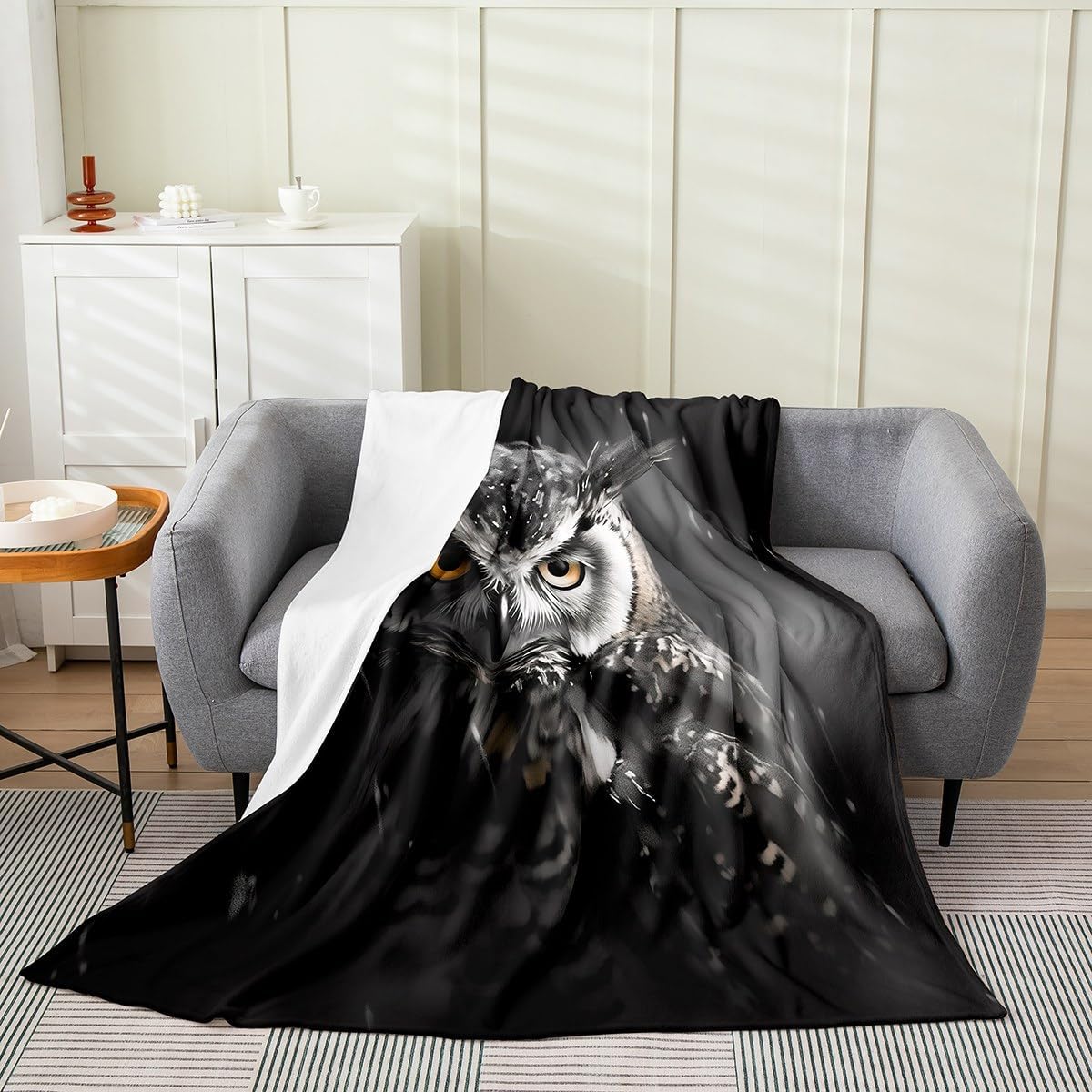 Erosebridal Owl Wild Animal Throw Blanket Queen Size, Black and White Owl Fleece Blanket, Bird Animal Print Fuzzy Blanket Bedroom Decor, Safari Animal Flannel Blanket for Sofa Bed Couh All Season