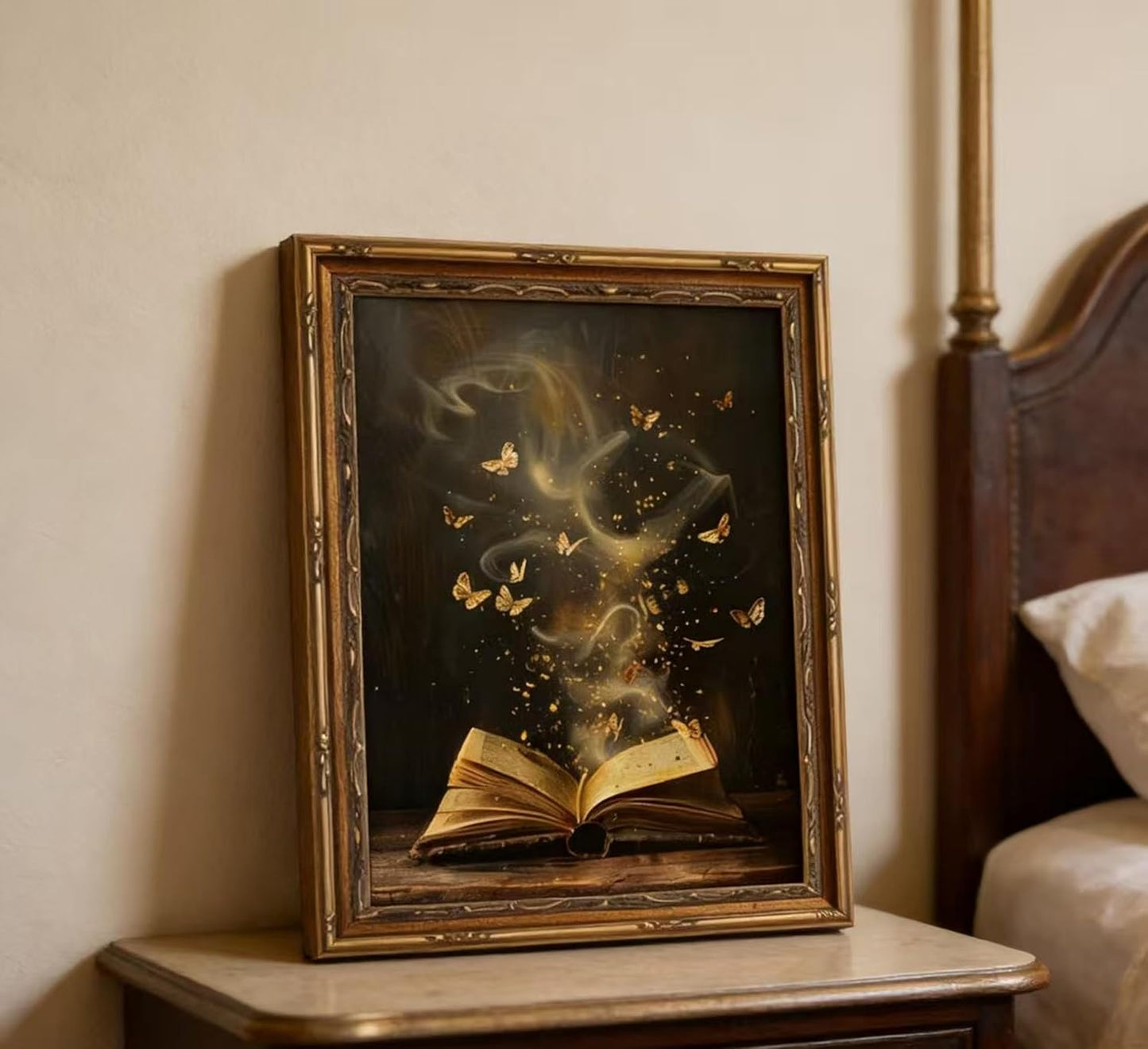 Vintage Gold Framed Victorian Bookish Wall Art Dark Academia Library Fantasy Mystical Canvas Print Reading Nook Butterfly Aesthetic Picture Wall Decor Gothic Bookclub Poster Artwork for Library