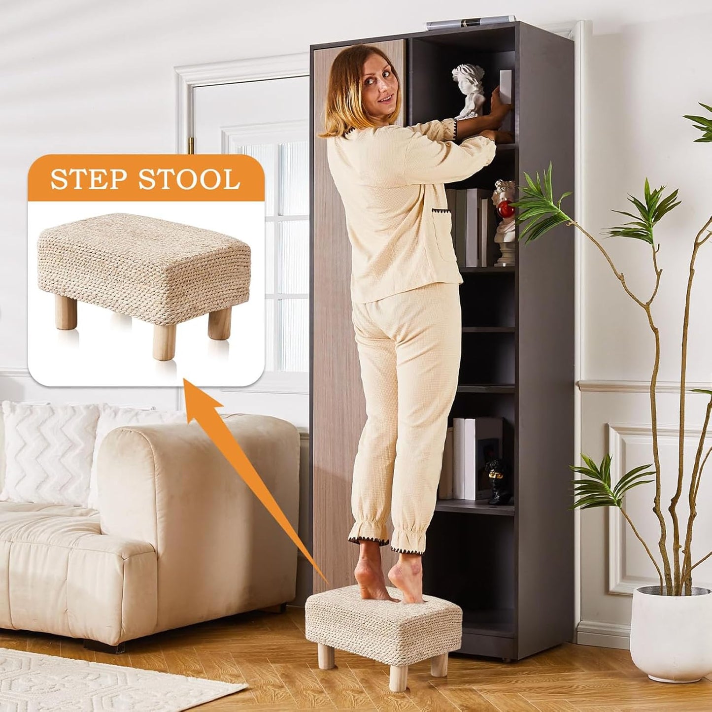 Wimarsbon Natural Seagrass Footstool Ottoman Rectangular Footrest Pouf Ottomans with Wooden Legs Hand Weave Step Stool for Living Room Bedroom Entryway Natural White