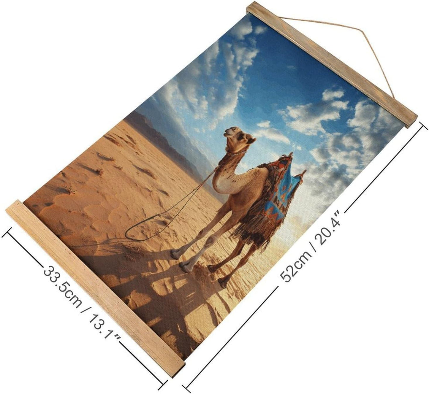 Vintage Camel Blue Sky Poster with Wooden Frame Personalized Linen Hanging Scroll Painting Rustic Wall Hanging Illustrative Modern Artwork Decor for Home Living Room Bedroom Office