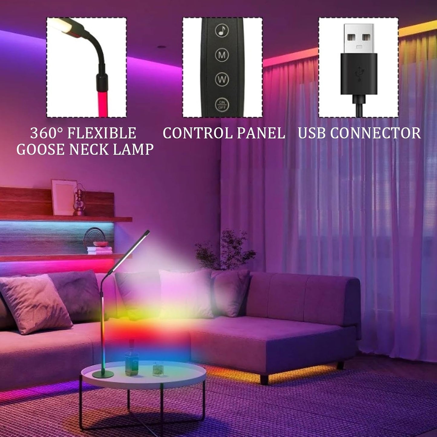 Floor Lamp, 2-in-1 LED Read Task & Atmosphere Light with App Control, 360° Flexible Gooseneck, Music Sync, Dimmable Ambient Lighting for Desk, Bedroom, Gaming Room, USB Powered