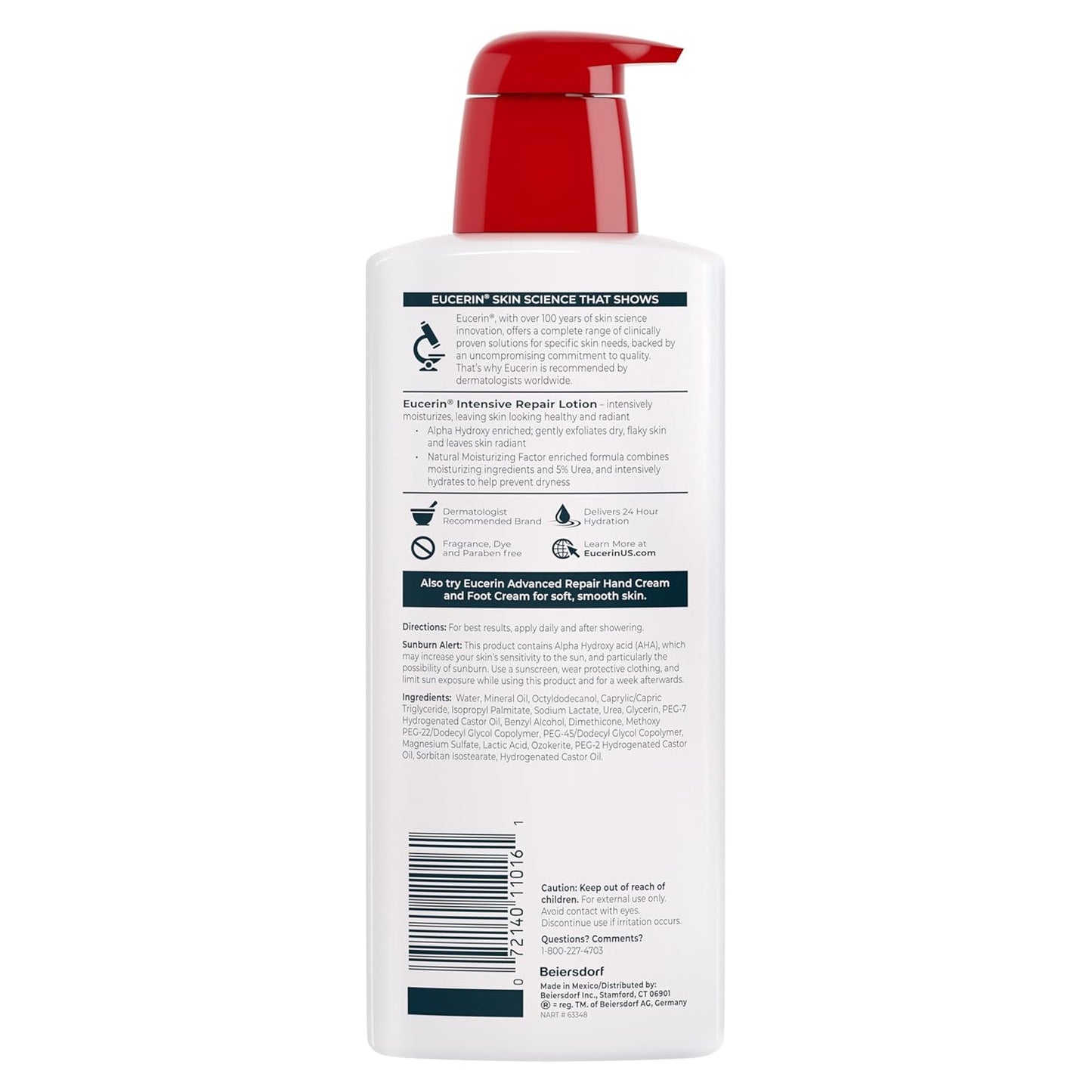 Eucerin Intensive Repair Body Lotion for Dry Skin with Alpha Hydroxy, Body Moisturizer for Very Dry Skin, Moisturizes, Exfoliates and Conditions, Fragrance Free and Paraben Free, 16.9 Fl Oz Bottle