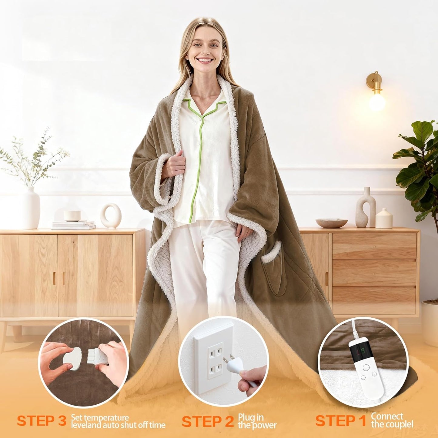 Wearable Heated Blanket With Sleeves & Foot Pocket, Heated Throw Blankets Fast Heating Blanket With 10 Heat Settings Auto Shut Off Over-Heat Protection-Warm Gift, Machine Washable, 52”*72”+18”