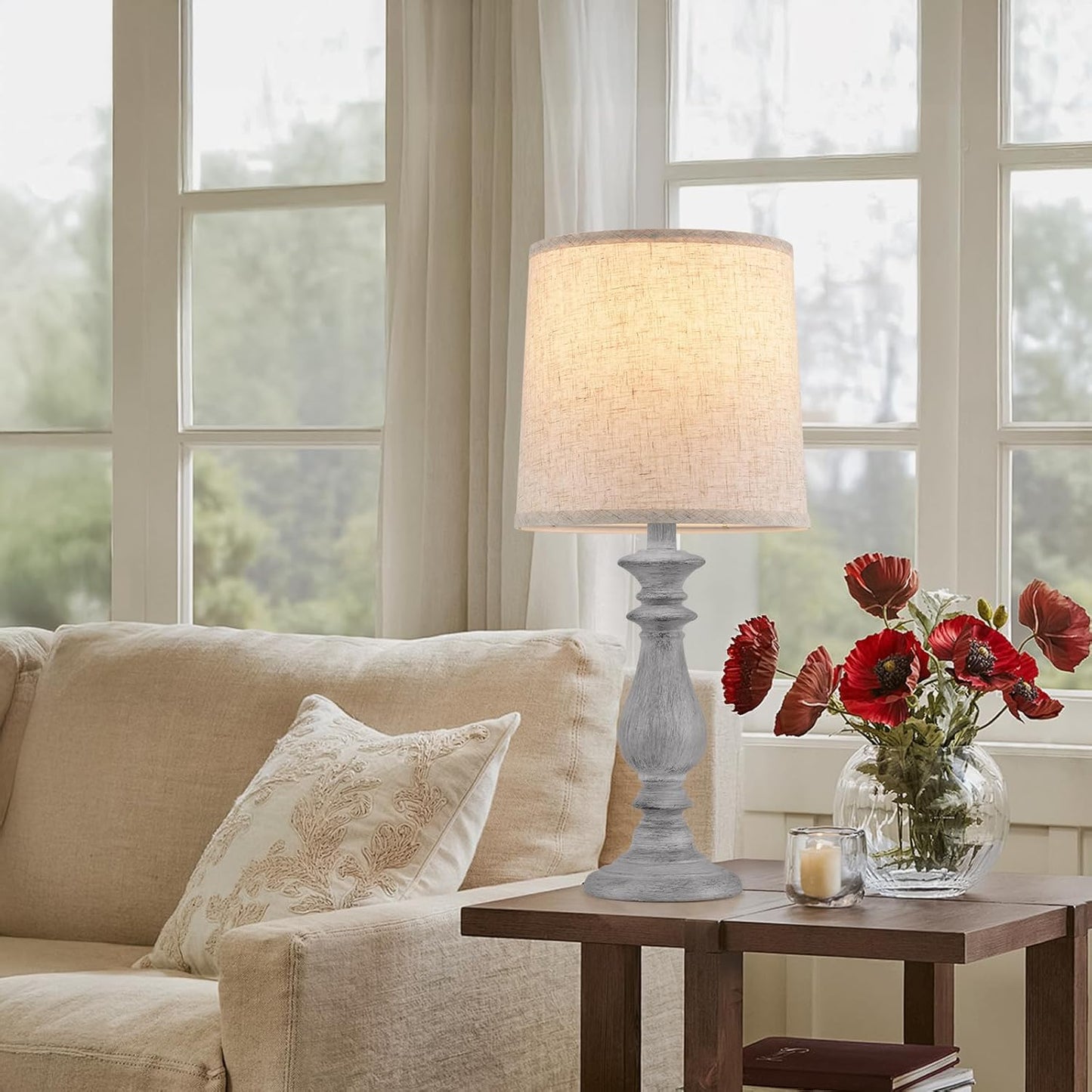 Lamps Set of 2 Vintage Rustic Farmhouse Table Lamps Bedside Reading Lamp Bedroom Nightstand Living Room Teapoy Lamp, Desk Light, 22 Inch High, with Fabric Shade (Grey, 22 Inch High)