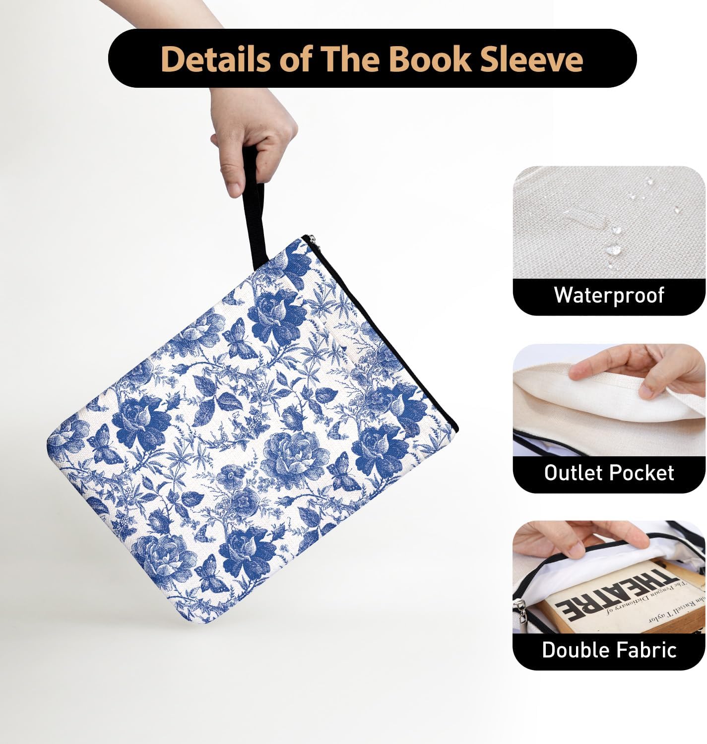 Blue and White Porcelain Vintage Chinoiserie Printing Book Lovers Gifts Book Sleeve for Women Grandma Readers Librarian with Handled Waterproof BookCover Case Book Club Gifts Book Accessories