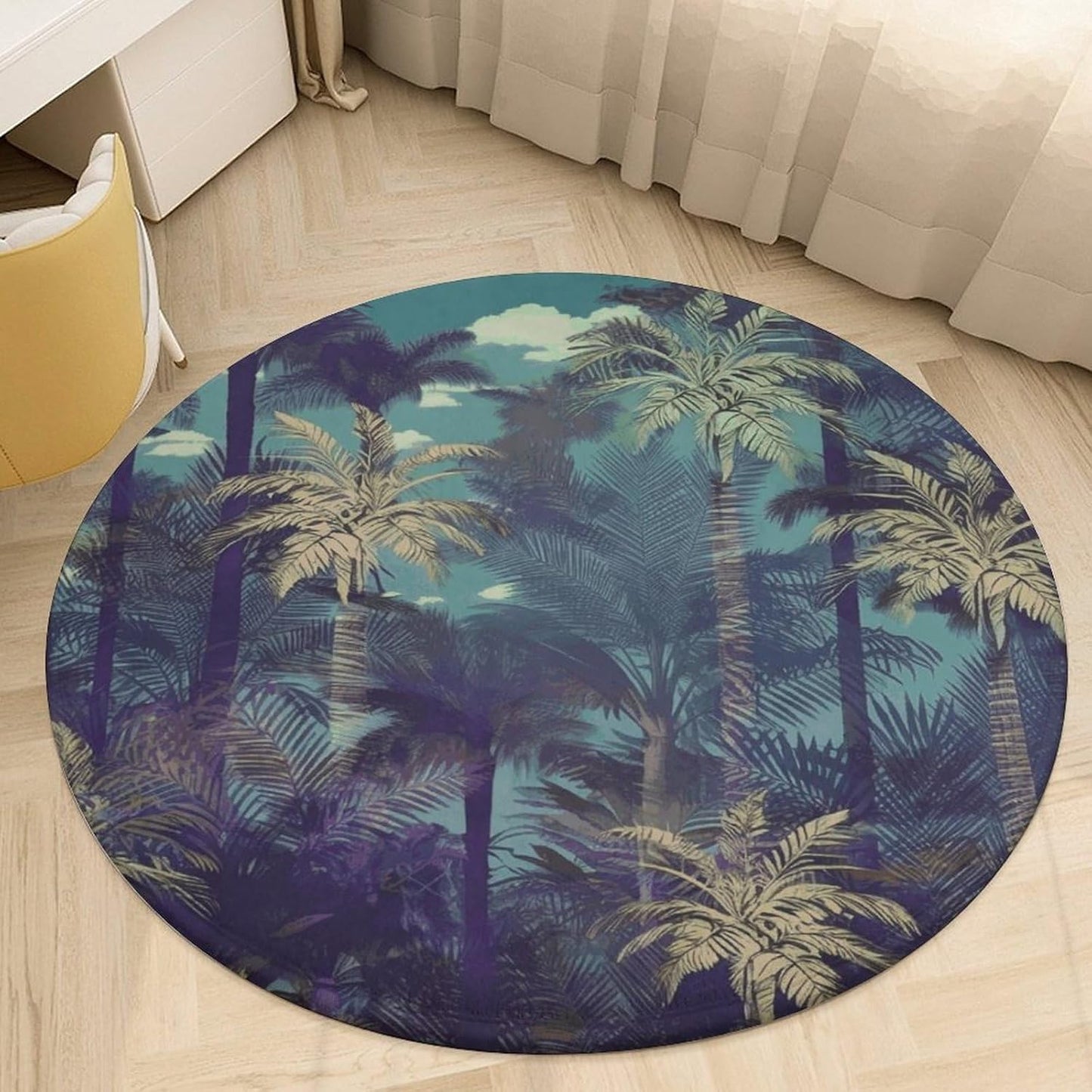 Fantasy Palm Tree Jungle Circle Rug Retro Luxury Coral Velvet Floor Mat Non Slip Soft Indoor Floor Carpet Comfy Thickened Area Rugs Modern Aesthetic Minimalist Carpets for Home Decor