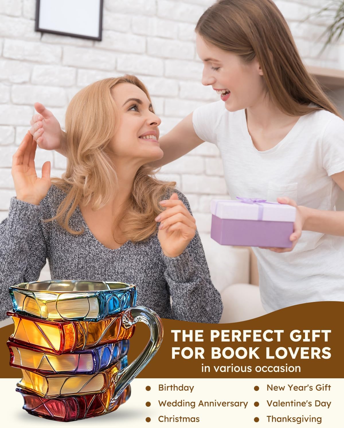 2PCS Chapter Book Mug Glass 3D Book Mugs Birthday Gift For Women Stained Glass Cups with Stack Design Artistic Reading Coffee Cup Unique Literary Friendship Gifts for Women Friends & Readers