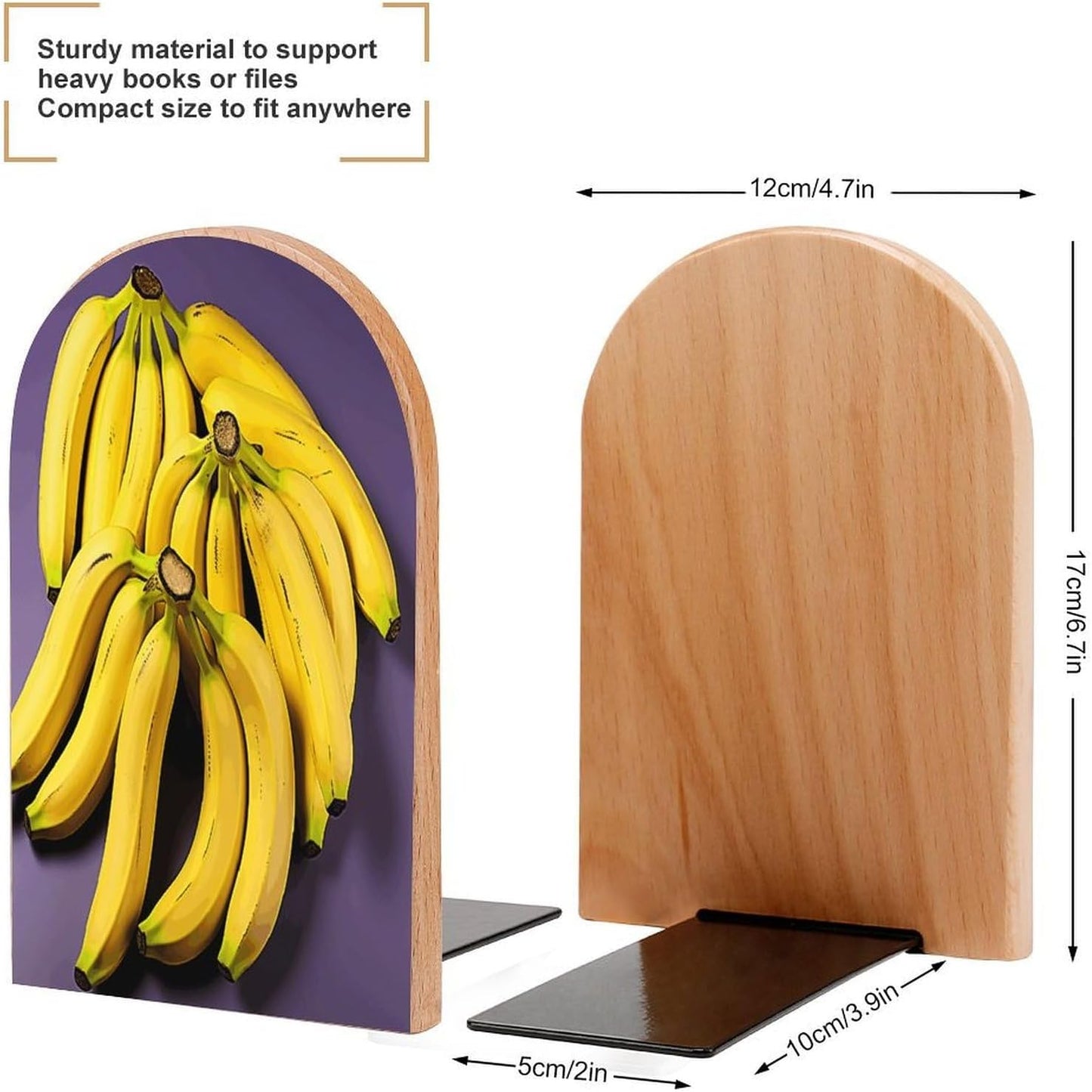 Unique Banana Fruit Bookend for Shelves Wooden Book End Large Size Sturdy Book Holders Stoppers with Metal Base for Bookshelves Slick Decorative Bookends Stands