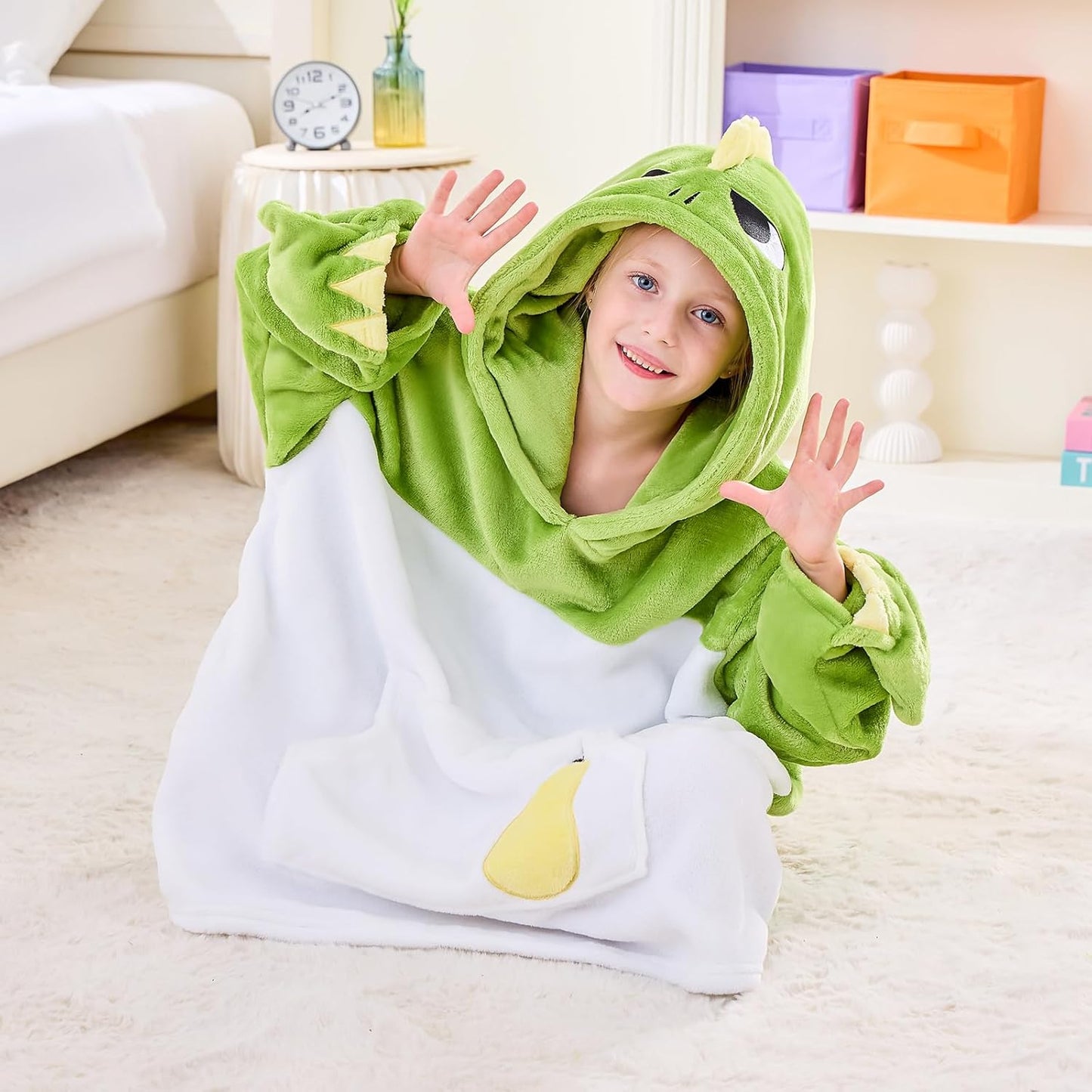 IFNOW Wearable Blanket Hoodie Kids, Oversized Fleece Blanket Sweatshirt Christmas Birthday Gifts for Boys, Girls, Teen Hoodie with Portable Foldable Blanket Pillow, Embroidery 5-15 Years, DinoPear