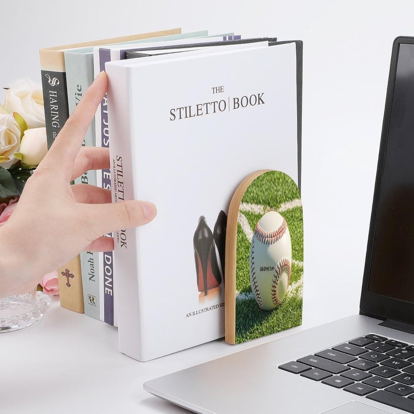 Green Baseball Field Backdrop Bookends 1 Pair Heavy Duty Book Ends for Shelves Non-Skid Bookend Supports Wooden Book Holders with Metal Base Desk Organizers Books Storage to Hold Books