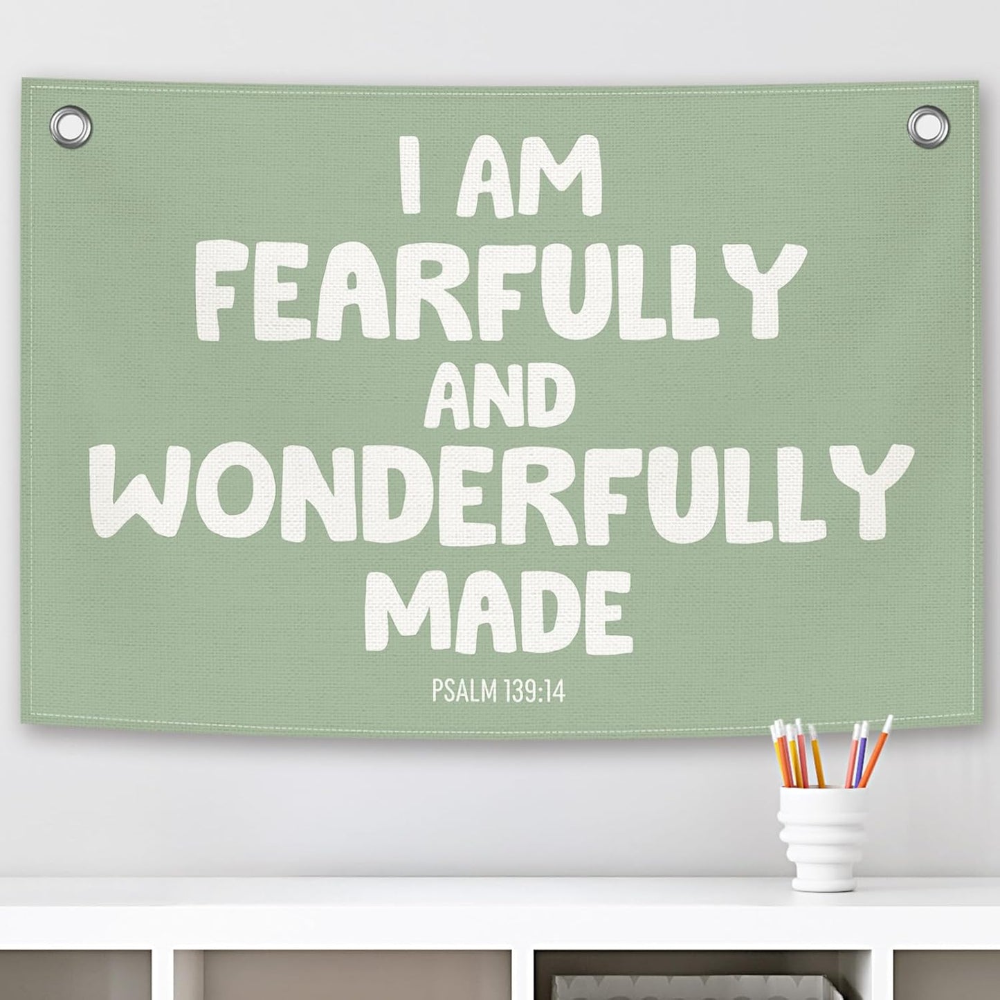 Christian Inspirational Kids Banner Canvas, Bible Verse I'm Fearfully Made Toddler Room Decor, Sage Green Hanging Flag Sign, Nursery Wall Tapestry Art for Playroom Bedroom Classroom 20x30in