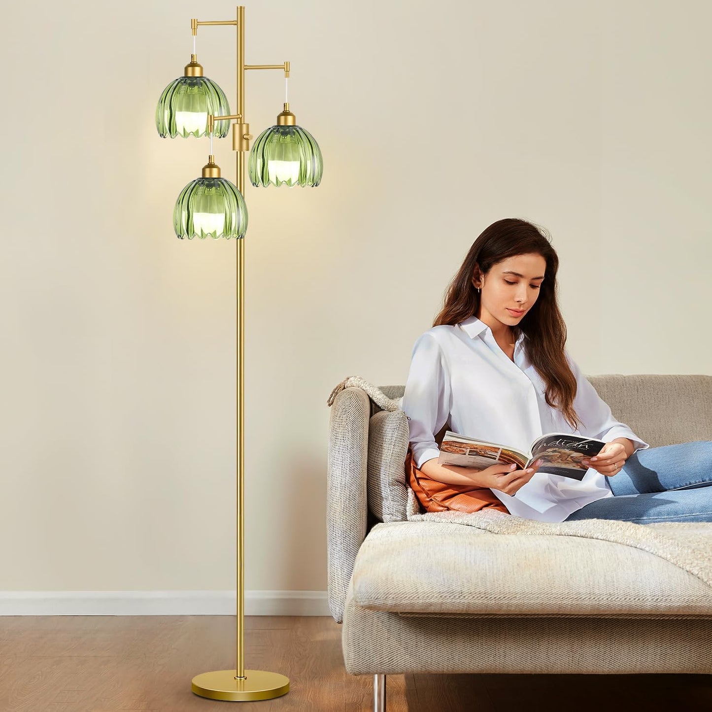 Dimmable Floor Lamps for Living Room-3 Light Gold Floor Lamp with Three Bulbs & Glass Lampshape, Mid Century Modern Standing Lamp Tree Tall Flower Floor Lamp for Bedroom Living Room,Corner